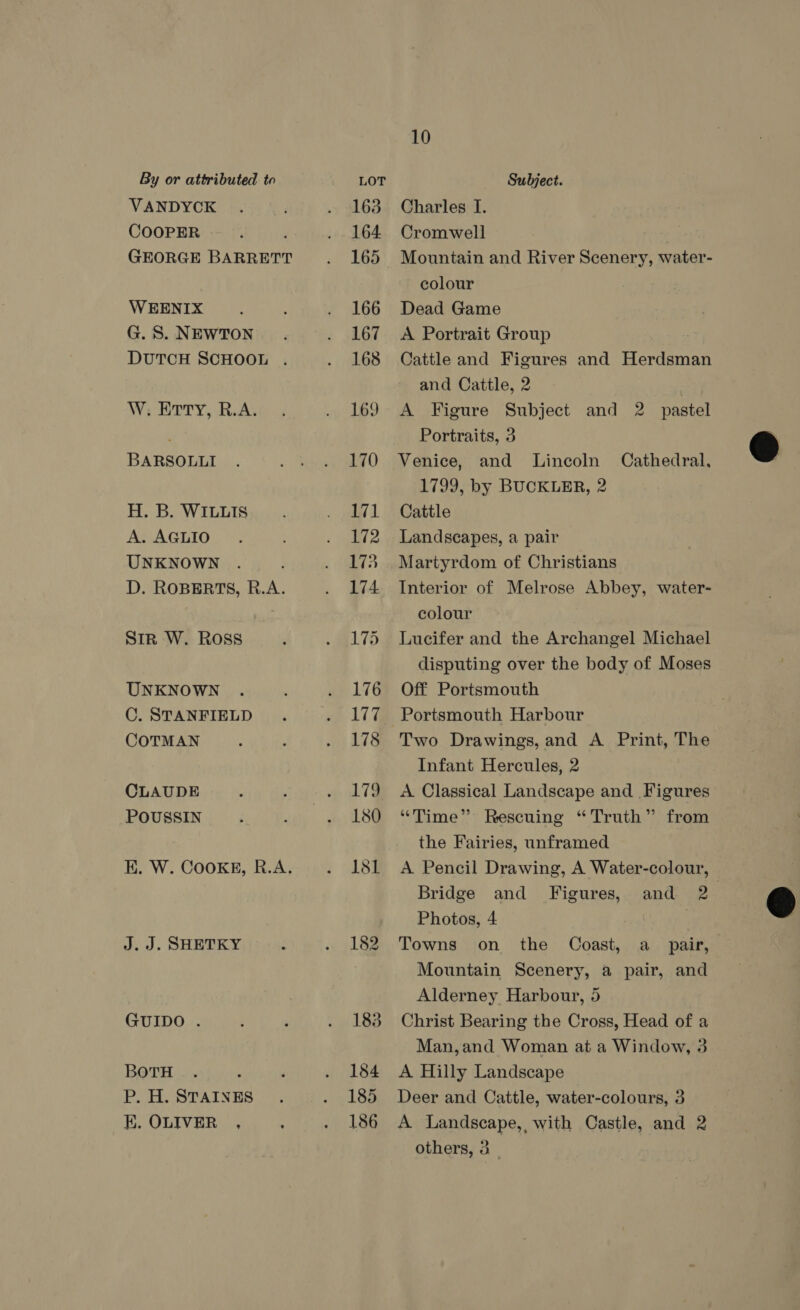 VANDYCK COOPER ; GEORGE BARRETT WEENIX G. S. NEWTON DUTCH SCHOOL . W, Erry, R.A. BARSOLLI H. B. WILLIS A. AGLIO UNKNOWN D. ROBERTS, R.A. Sir W. ROSss UNKNOWN C. STANFIELD COTMAN CLAUDE POUSSIN J. J. SHETKY GUIDO . BoTH P. H. STAINES EK. OLIVER , 183 184 185 186 10 Charles I. Cromwell ; Mountain and River Scenery, water- colour Dead Game A Portrait Group Cattle and Figures and Herdsman and Cattle, 2 A Figure Subject and 2 pastel Portraits, 3 Venice, and Lincoln 1799, by BUCKLER, 2 Cattle Landscapes, a pair Martyrdom of Christians Interior of Melrose Abbey, water- colour Lucifer and the Archangel Michael disputing over the body of Moses Off Portsmouth Portsmouth Harbour Two Drawings, and A Print, The Infant Hercules, 2 A Classical Landscape and Figures “Time” Rescuing “Truth” from the Fairies, unframed A Pencil Drawing, A Water-colour, Bridge and Figures, and 2- Photos, 4 Towns on the Coast, a_ pair, Mountain Scenery, a pair, and Alderney Harbour, 5 Christ Bearing the Cross, Head of a Man,and Woman at a Window, 3 A Hilly Landscape Deer and Cattle, water-colours, 3 A Landscape, with Castle, and 2 others, 3 Cathedral, 