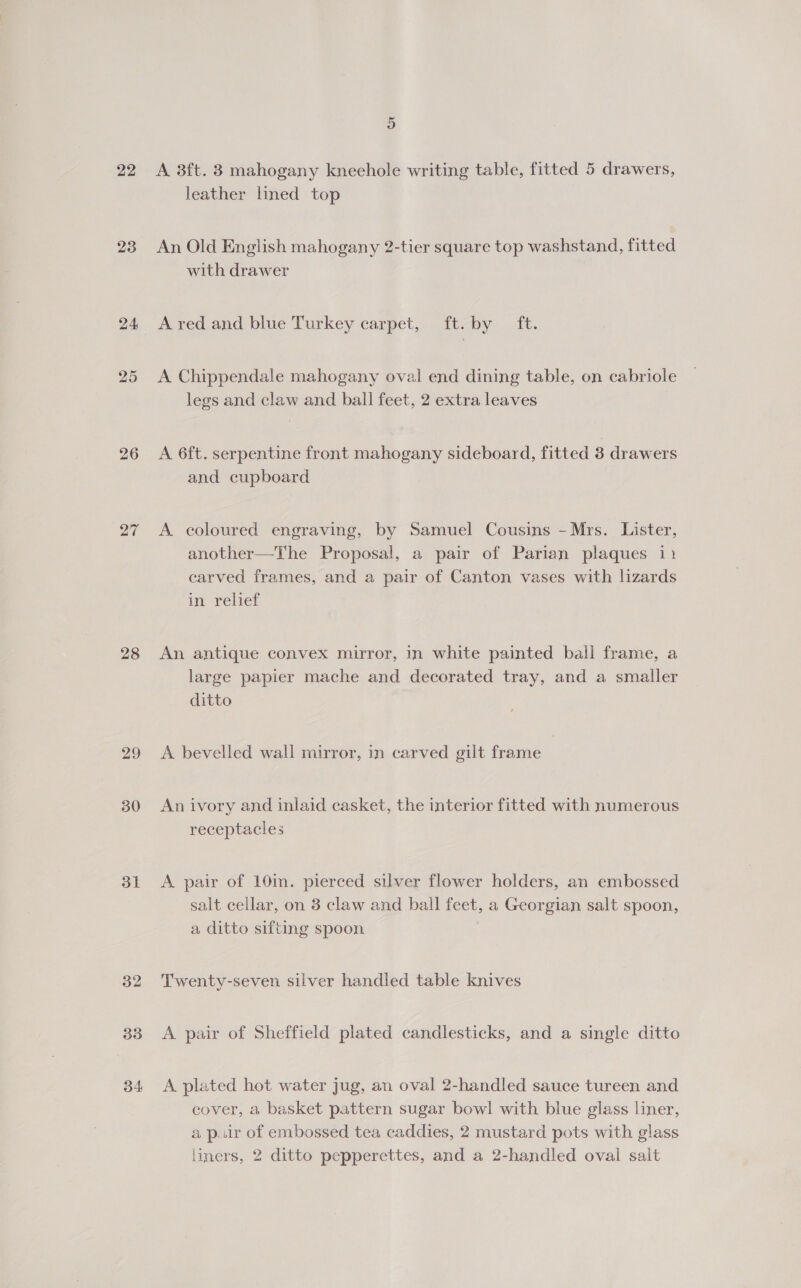22 23 24 25 26 27 28 29 30 31 32 35 34 D A 3ft. 3 mahogany kneehole writing table, fitted 5 drawers, leather lined top An Old English mahogany 2-tier square top washstand, fitted with drawer A red and blue Turkey carpet, ft.by ft. A Chippendale mahogany oval end dining table, on cabriole legs and claw and ball feet, 2 extra leaves A 6ft. serpentine front mahogany sideboard, fitted 3 drawers and cupboard A coloured engraving, by Samuel Cousins - Mrs. Lister, another—The Proposal, a pair of Parian plaques 12 carved frames, and a pair of Canton vases with lizards int Teller An antique convex mirror, in white painted ball frame, a large papier mache and decorated tray, and a smaller ditto A bevelled wall mirror, in carved gilt frame An ivory and inlaid casket, the interior fitted with numerous receptacles A pair of 10in. pierced silver flower holders, an embossed salt cellar, on 3 claw and ball feet, a Georgian salt spoon, a ditto sifting spoon Twenty-seven silver handled table knives A pair of Sheffield plated candlesticks, and a single ditto A plated hot water jug, an oval 2-handled sauce tureen and cover, a basket pattern sugar bowl with biue glass liner, a p..ir of embossed tea caddies, 2 mustard pots with glass