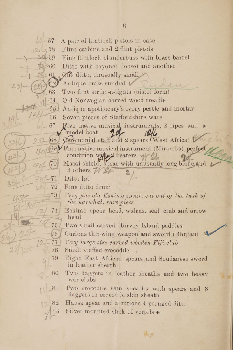 57 &lt;A pair of flintlock pistols in case 58 Flint carbine and 2 flint pistols 59 Fine flintlock blunderbuss with brass barrel 4p) 2-60 Ditto with bayonet (loose) and another | oy ditto, unusually small“ ts Antique brass sundial = 63 Two flint strike-a-lights (pistol form) | ie Old Norwegian carved wood treadle  ae --65\ Antique apothocary’s ivory pestle and mortar 1 SOE (a : 10 (47-68 Seven pieces of Staffordshire ware      67 ive native ey ie hn 2 pipes and a Pn y model boat gen (32) . 68 4 eremonial ie and sake aS Africa) Ws he ame | IEP iT ( 69) Fine native nusical instrument Pt aan rege re A : ‘ yan real wg at yu) ‘te condition wi yA beaters W 41. be OT opart (70) Masai shield, $pear with Bbc long blad and o on gay. VA 3 oth Wi Ge Coie 5 Olners yy af~ 2, ; | 43a/—t1) Ditto lot | a 72 _ Fine ditto drum TET =13, Very fine old Eskimo spear, cut out of the tusk of hae, _ the narwhal, rare piece mi /72_}- TA! Eskimo spear head, walrus, seal club and arrow (9i.——— ee head yl | Sam 75/ ‘Two small carved Harvey Island paddles oo HY’ ALO (6) Curious throwing Weapon and sword (Bhutan) | a7 [2,—17 Very large size carved wooden Fut club Z 78 Small stuffed crocodile », 79 Hight East African spears and Soudanese sword 7 in leather sheath 80 ‘Two daggers in leather sheaths and two heavy war clubs ~~ \|_.81 Two crocodile skin sheaths with spears and 3 | daggers in crocodile skin sheath 82 Hausa spear and a curious 4-pronged ditto 483 Silver mounted stick of vertebree 