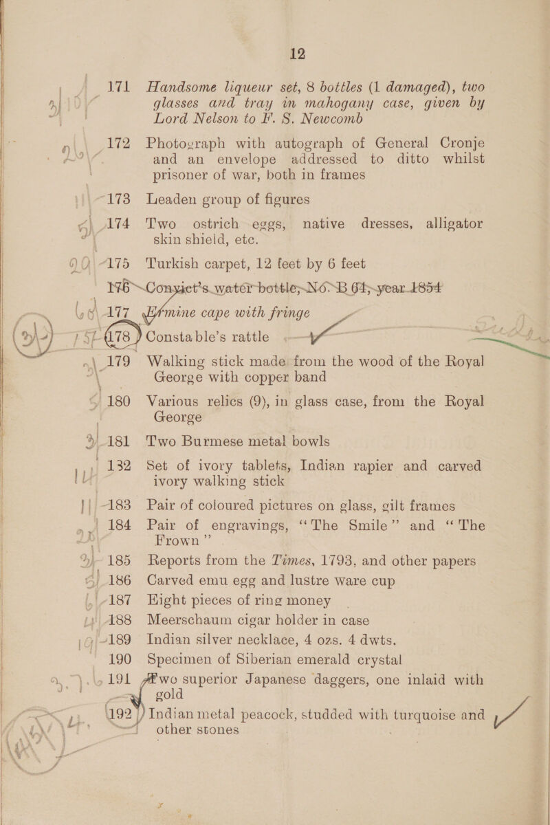 t so 6) 174 117 181 185 188 190 12 Handsome liqueur set, 8 bottles (1 damaged), two glasses and tray im mahogany case, given by Lord Nelson to F. 8. Newcomb Photograph with autograph of General Cronje and an envelope addressed to ditto whilst prisoner of war, both in frames Leaden group of figures Two ostrich eggs, native dresses, alligator skin shield, ete. Turkish carpet, 12 feet by 6 feet ‘mine cape with fringe Constable’s rattle Walking stick made from the wood of the Royal George with copper band Various relics (9), in glass case, from the Royal George Two Burmese meta! bowls Set of ivory tablets, Indian rapier and carved ivory walking stick Pair of coloured pictures on glass, gilt frames Pair of engravings, ‘‘The Smile” and ‘ The Frown ” Reports from the Tvmes, 1793, and other papers Carved emu egg and lustre ware cup Hight pieces of ring money Meerschaum cigar holder in case Indian silver necklace, 4 ozs. 4 dwts. Specimen of Siberian emerald crystal other stones iY