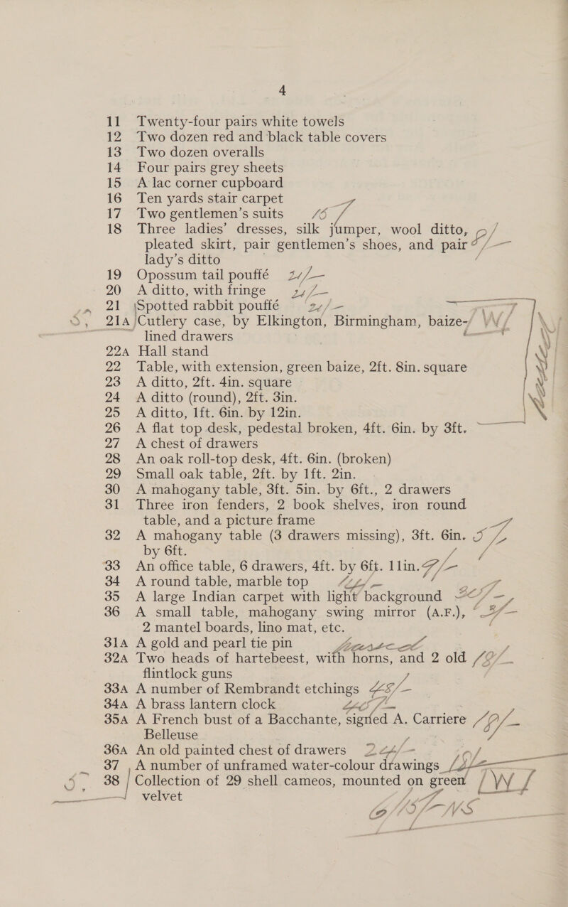 11 12 13 14 15 16 17 18 18g De | 21a, ZZA 22 23 24 20 26 Za 28 29 30 31 32 34 35 36 31A 32A 33A 34A 35A 36A 37 38 sbeect 4 Twenty-four pairs white towels Two dozen red and black table covers Two dozen overalls Four pairs grey sheets A lac corner cupboard Ten yards stair carpet ieee Two gentlemen’s suits /6 oe Three ladies’ dresses, silk jumper, wool ditto, EL pleated skirt, pair gentlemen’s shoes, and pair lady’s ditto Opossum tail pouffé 2//— A ditto, with fringe 4,/7— ‘Spotted rabbit pouffé &gt; ‘27/— Soar ‘Cutlery case, by Elkington, Birmingham, baize- VV / lined drawers } i\y Hall stand Ni i Table, with extension, green baize, 2ft. 8in. square \ | A ditto, 2ft. 4in. square v A ditto (round), 2ft. 3in. iN A ditto, lft. 6in. by 12in. A flat top desk, pedestal broken, 4ft. 6in. by 3ft. A chest of drawers An oak roll-top desk, 4ft. 6in. (broken) small oak table, 2ft. by lit. 2in. A mahogany table, 3ft. 5in. by 6ft., 2 drawers Three iron fenders, 2 book Shelves, iron round table, and a picture frame A mahogany table (3 drawers missing), oft. om ee fp by 6ft. An office table, 6 drawers, 4ft. by 6ft. 11in. F/- - A round table, marble top Sil ee A large Indian carpet with light’ ‘background BEY ae A small table, mahogany swing mirror (A.F.), ~#/— 2 mantel boards, lino mat, on A gold and pearl tie pin Two heads of hartebeest, wit (aon and 2 old “GY flintlock guns A number of Rembrandt etsuines LY- / A brass lantern clock A French bust of a Bacchante, Cola. ae Carriere Fe Cie Belleuse An old painted chest of drawers eres A number of unframed water-colour ites: pL Collection of 29 shell cameos, mounted on green / [| W. ia velvet SOs hee ————} ——— 