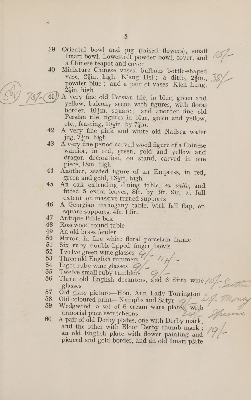 39 40 | \ — 42 43 44 45 46 47 48 49 50 51 52 53 54 35 56 57 58 59 60 5 Oriental bowl and jug (raised flowers), small Oke Imari bowl, Lowestoft powder bowl, cover, and ‘~~/~ a Chinese teapot and cover Miniature Chinese vases, bulbous bottle-shaped ae vase, 23in. high, K’ang Hsi; .a ditto, 23in., 58% powder blue ; and a pair of vases, Kien Lung, // 24in. high A very fine old Persian tile, in blue, green and yellow, balcony scene with figures, with floral border, 104in. square; and another fine old Persian tile, figures in blue, green and yellow, etc., feasting, 104in. by 7in. A very fine pink and white old Nailsea water jug, 74in. high A very fine period carved wood figure of a Chinese warrior, in red, green, gold and yellow and dragon decoration, on stand, carved in one piece, 18in. high Another, seated figure of an Empress, in red, green and gold, 134in. high An oak extending dining table, en suite, and fitted 5 extra leaves, 8ft. by 3ft. 9in. at full extent, on massive turned supports A Georgian mahogany table, with fall flap, on Square supports, 4ft. 1lin. j Antique Bible box Rosewood round table An old brass fender Mirror, in fine white floral porcelain frame Six ruby double-lipped finger bowls Twelve green wine glasses G/_ ) Three old English rummers “4, 7 ae Eight ruby wine glasses G/_ : Twelve small ruby tumbleys G/— - Three old English decanters, dud 6 ditto wine fOl- C = glasses . fee Old glass picture—Hon. Ann Lady Torrington 5 7 _4, ey Old coloured print—Nymphs and Satyr Me Oe ee pig Wedgwood, a set of 6 cream ware platey, with © Z armorial puce escutcheons LG) jgplerrec A pair of old Derby plates, one with Derby mark, / and the other with Bloor Derby thumb mark; 4, / an old English plate with flower painting and ‘ 7 oe pierced and gold border, and an old Imari plate li