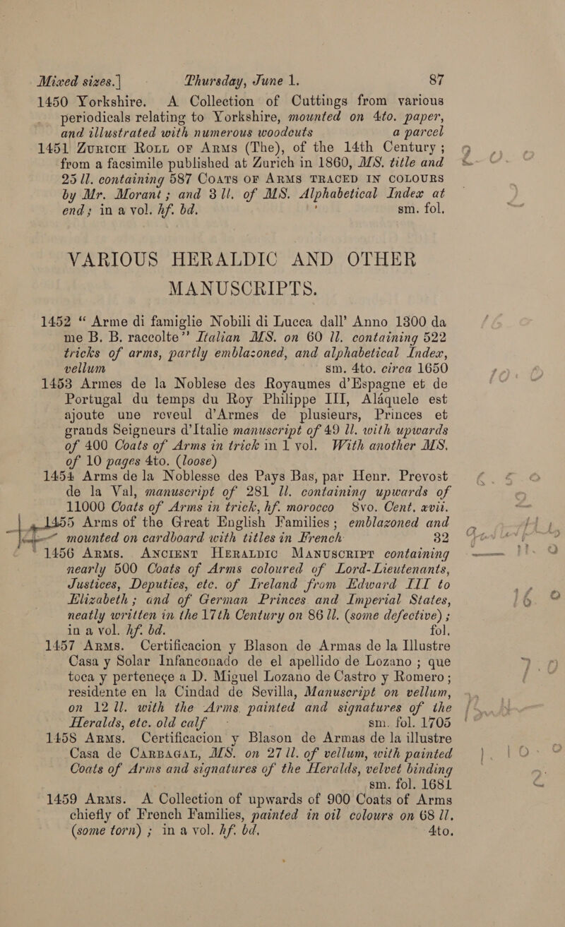 1450 Yorkshire. A Collection of Cuttings from various periodicals relating to Yorkshire, mounted on 4to. paper, and illustrated with numerous woodcuts a parcel 1451 Zuricu Roxnt or Arms (The), of the 14th Century ; from a facsimile published at Zurich in 1860, ALS, title and 25 ll. containing 587 Coats OF ARMS TRACED IN COLOURS by Mr. Morant ; and 31l. of MS. Alphabenrcal Index at end; in a vol, hf. bd. sm. fol. VARIOUS HERALDIC AND OTHER MANUSCRIPTS. 1452 “ Arme di famiglie Nobili di Lucca dall’ Anno 1800 da me B. B. raceolte”’ Italian MS. on 60 Il. containing 522 tricks of arms, partly emblazoned, and alphabetical Index, vellum sm. 4to. circa 1650 1453 Armes de la Noblese des Royaumes d’Espagne et de Portugal du temps du Roy Philippe III, Aldquele est ajoute une reveul d’Armes de plusieurs, Princes et grands Seigneurs d’Italie manuscript of 49 Ll. with upwards of 400 Coats of Arms in trick in 1 vol. With another MS. of 10 pages 4to. (loose) 1454 Arms dela Noblesse des Pays Bas, par Henr. Prevost de la Val, manuscript of 281 ll. containing upwards of 11000 Coats of Arms in trick, hf. morocco 8vo. Cent, xvii. Arms of the Great English Families ; emblazoned and ~ mounted on cardboard with titles in French: 32 1456 Arms. Ancient Heratpic Manuscripr containing nearly 500 Coats of Arms coloured of Lord-Lieutenants, Justices, Deputies, etc. of Ireland from Edward III to Elizabeth ; and of German Princes. and Imperial States, neatly written in the 17th Century on 86 ll. (some defective) ; in a vol. hf. bd. fol, 1457 Arms. Certificacion y Blason de Armas de la Llustre Casa y Solar Infanconado de el apellido de Lozano ; que toca y pertenege a D. Miguel Lozano de Castro y Romero; residente en la Cindad de Sevilla, Manuscript on vellum, on 1211. with the Arms. painted and signatures of the Heralds, ete. old calf - sm. fol. 1705 1455 Arms. Certificacion y Blason de Armas de la illustre Casa de Canzagar, IS. on 2711. of vellum, with painted Coats of Arms and signatures of the Heralds, velvet binding sm. fol. 1681 1459 Arms. A Collection of upwards of 900 Coats of Arms chiefly of French Families, painted in oil colours on 68 Il. (some torn) ; ina vol. hf, bd, Ato.