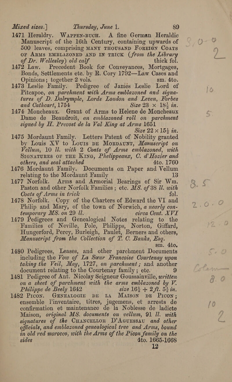 1471 Heraldry. Warrrn-sucu. A fine German Heraldic Manuscript of the 16th Century, containing upwards of 500 leaves, comprising MANY THOUSAND Forxrr1an Coats OF ARMS EMBLAZONED AND IN TRICK (from the Library of Dr. Wellesley) old calf thick fol. 1472 Law. Precedent Book for Conveyances, Mortgages, Bonds, Settlements etc. by R. Cory 1792—Law Cases and Opinions; together 2 vols. sm. 4to. 1473 Leslie Family. Pedigree of James Leslie Lord of Pitcapoe, on parchment with Arms emblazoned and signa- tures of D. Dalrymple, Lords Loudon and Leven, Forbes and Cathcart, 1754 Size 23 x 18% in. 1474 Moncheaux. Grant of Arms to Helene de Moncheaux Dame de Beaudroit, an emblazoned roll on parchment signed by H. Prevost de la Val King at Arms 1651 Size 22 x 154 in. 1475 Mordaunt Family. Letters Patent of Nobility granted by Louis XV to Lovis p—E Morpaunt, Manuscript on Vellum, 10 Ul. with 2 Coats of Arms emblazoned, with SIGNATURES OF THE Kine, Phelippeaus, C. d Hozier and others, and seal attached 4to. 1760 1476 Mordaunt Family. Documents on Paper and Vellum relating to the Mordaunt Family 13 1477 Norfolk. Arms and Armorial Bearings of Sir Wm. Paston and other Norfolk Families ; etc. ILS. of 38 Ul. with Ooats of Arms in trick fol. 1478 Norfolk. Copy of the Charters of Edward the VI and Philip and Mary, of the town of Norwich, a nearly con- temporary MS. on 29 ll, circa Cent. XVI 1479 Pedigrees and Genealogical Notes relating to the Families of Neville, Pole, Philipps, Norton, Giffard, Hungerford, Percy, Burleigh, Paulet, Berners and others, Manuscript from the Collection of T. 0. Banks, Esq. sm. 4to, 1480 Pedigrees, Leases, and other parchment Documents including the Vow of La Seur Francoise Courtenay upon taking the Veil, May, 1727, on parchment ; and another document relating to the Courtenay family ; ete. 9 1481 Pedigree of Ant. Nicolay Seigneur Goussainville, written on a sheet of parchment with the arms emblazoned by V. Philippe de Beely 1642. size 163 + 2 ft. 53 in. 1482 Prcon. GENEALOGIE DE LA Matson pe Prcon; ensemble l’inventaire, titres, jugemens, et arrests de confirmation et maintenance de la Noblesse de ladicte Maison, original MS. documents on vellum, 91 Il. with signatures of the CuanceLLorn D’Acuussau and other officials, and emblazoned genealogical tree and Arms, bound an old red morocco, with the Arms of the Picon family on the sides 4to. 1665-1668 12