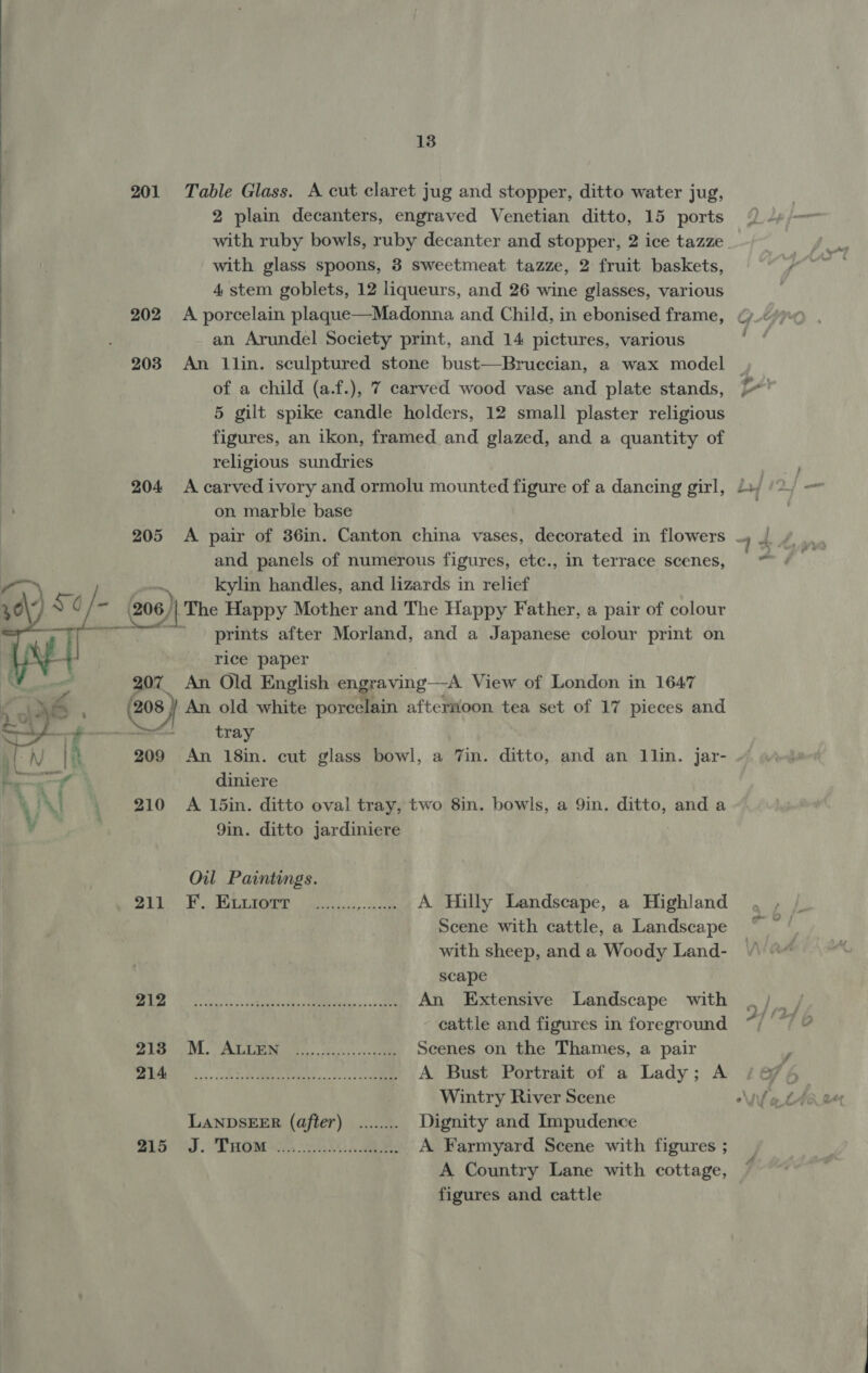    201 202 203 204 205 207 209 210 211 212 213 214 215 13 Table Glass. A cut claret jug and stopper, ditto water jug, 2 plain decanters, engraved Venetian ditto, 15 ports with ruby bowls, ruby decanter and stopper, 2 ice tazze with glass spoons, 3 sweetmeat tazze, 2 fruit baskets, 4 stem goblets, 12 liqueurs, and 26 wine glasses, various A porcelain plaque—Madonna and Child, in ebonised frame, an Arundel Society print, and 14 pictures, various An llin. sculptured stone bust—Bruccian, a wax model of a child (a.f.), 7 carved wood vase and plate stands, 5 gilt spike candle holders, 12 small plaster religious figures, an ikon, framed and glazed, and a quantity of religious sundries A carved ivory and ormolu mounted figure of a dancing girl, on marble base and panels of numerous figures, etc., in terrace scenes, kylin handles, and lizards in relief prints after Morland, and a Japanese colour print on rice paper An Old English engraving —A View of London in 1647 An old white porcelain afternoon tea set of 17 pieces and tray An 18in. cut glass bowl, a Zin. ditto, and an llin. jar- diniere A 15in. ditto oval tray, two 8in. bowls, a 9in. ditto, and a 9in. ditto jardiniere Oil Paintings. Ff Ge ae ae A Hilly Landscape, a Highland Scene with cattle, a Landscape with sheep, and a Woody Land- scape Figs ps &lt;a te tt 3 An Extensive Landscape with cattle and figures in foreground MAT ee. eos cs oe Scenes on the Thames, a pair FR GE AE RT A Bust Portrait of a Lady; A -Wintry River Scene LANDSEER (after) ........ Dignity and Impudence 5. PROM ae ee A Farmyard Scene with figures ; A. Country Lane with cottage, figures and cattle m~,