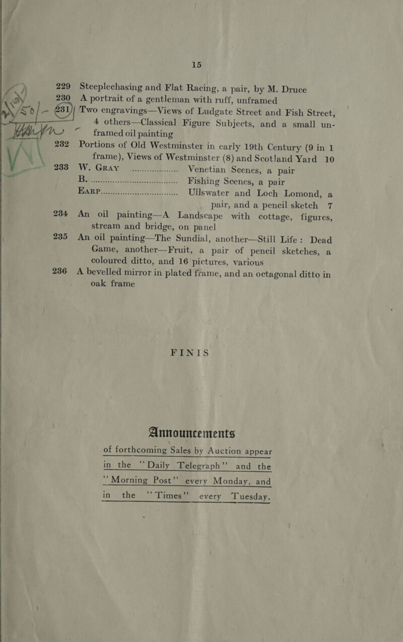  229 Steeplechasing and Flat Racing, a pair, by M. Druce 230 A portrait of a gentleman with ruff, unframed ws - i) Two engravings—Views of Ludgate Street and Fish Street, 4 others—Classical Figure Subjects, and a small un- framed oil painting 232 Portions of Old Westminster in early 19th Century (9 in 1 frame), Views of Westminster (8) and Scotland Yard 10 Bas GRAV ky: Venetian Scenes, a pair Ue, eh SAAR Re nag Fishing Scenes, a pair Uh Ea ala Ullswater and Loch Lomond, a pair, and a pencil sketch 7 234 An oil painting—A Landscape with cottage, figures, stream and bridge, on panel 235 An oil painting—The Sundial, another—Still Life: Dead Game, another—Fruit, a pair of pencil sketches, a coloured ditto, and 16 pictures, various 236 A bevelled mirror in plated frame, and an octagonal ditto in oak frame  FINIS Announcements of forthcoming Salen by Auction appear in the ‘‘Daily Telegraph’’ and the ‘“Morning Post’’ every Monday, and in the ‘Times’? every Tuesday.