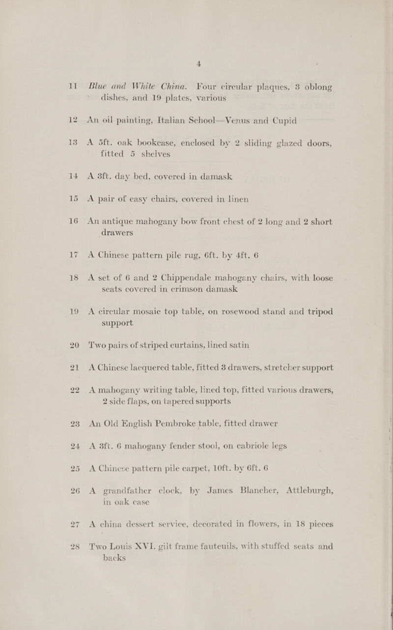 18 19 dishes, and 19 plates, various An oil painting, Italian School—Venus and Cupid A 5ft. oak bookcase, enclosed by 2 sliding glazed doors, fitted 5 shelves A 3ft. day bed, covered in damask A pair of easy chairs, covered in linen An antique mahogany bow front chest of 2 long and 2 short ‘drawers A Chinese pattern pile rug, 6ft. by 4ft. 6 A. set of 6 and 2 Chippendale mahogany chairs, with loose seats covered in crimson damask A circular mosaic top table, on rosewood stand and tripod support Two pairs of striped curtains, lined satin A Chinese lacquered table, fitted 3 drawers, stretcher support A mahogany writing table, lined top, fitted various drawers, 2 side flaps, on tapered supports An Old £nglish Pembroke table, fitted drawer A 3ft. 6 mahogany fender stool, on cabriole legs A grandfather clock, by James Blancher, Attleburgh, in oak case A china dessert service, decorated in flowers, in 18 pieces Two Louis XVI. gilt frame fauteuils, with stuffed seats and backs 