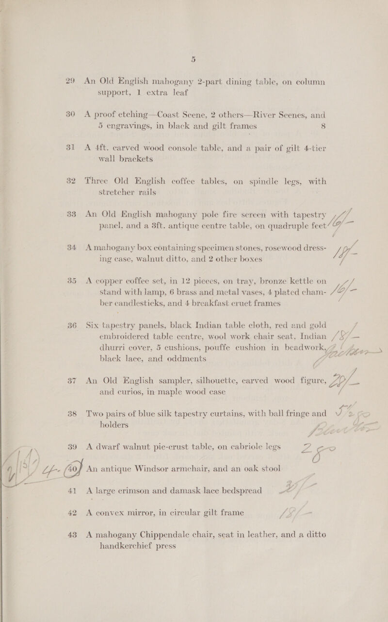 29 30 ol ood 38 os of ce yA a] , H 1i~' | aw 41  5 An Old English mahogany 2-part dining table, on column support, 1 extra leaf A proof etching—Coast Scene, 2 others—River Scenes, and 5 engravings, in black and gilt frames 8 A 4ft. carved wood console table, and a pair of gilt 4-tier wall brackets Three Old English coffee tables, on spindle legs, with stretcher rails An Old English mahogany pole fire screen with tapestry ‘4 Sof Lf/ A mahogany box containing specimen stones, rosewood dress- ing case, walnut ditto, and 2 other boxes A copper coffee set, in 12 pieces, on tray, bronze kettle on stand with lamp, 6 brass and metal vases, 4 plated cham- ber candlesticks, and 4 breakfast cruet frames Six tapestry panels, black Indian table cloth, red and gold embroidered table centre, wool work chair seat, Indian black lace, and oddments An Old English sampler, silhouette, carved wood figure, and curios, in maple wood case Two pairs of blue silk tapestry curtains, with ball fringe and holders a A dwarf walnut pie-crust table, on cabriole legs Z ¢ = Od An antique Windsor armchair, and an oak stool A large crimson and damask lace bedspread ve handkerchief press &lt; /df = V4 / Pe i an SO&gt;/ es y f oy é fia —~ f s/s