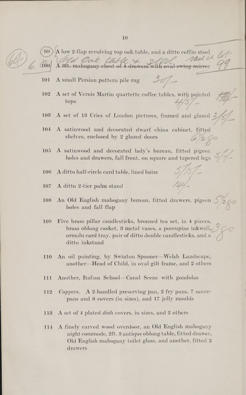  lh ? . (99) am low 2-flap revolving top oak table, and a ditto coffin stool, \Ze Gok CALLE h- Ppraet Sige ales 4b 0) 3ft.mahoganycehest- PA rp ee een rerio eel PHLPEL 101. A small Persian pattern pile rug eS 102 A set of Vernis Martin quartette coffee tables, with painted tops L/S 103 A set of 13 Cries of London pictures, framed and glazed 3 104 A satinwood and decorated dwarf china cabinet, fitted shelves, enclosed by 2 glazed doors 105 A satinwood and decorated lady’s bureau, fitted pigeon “ 106 A ditto half-circle card table, lined baize } 107 &lt;A ditto 2-tier palm stand Lae 108 An Old English mahogany bureau, fitted drawers, pigeon Se holes and fall flap 109 Five brass pillar candlesticks, bronzed tea set, in 4 pieces, brass oblong casket, 3 metal vases, a porcupine inkwell, ormolu card tray, pair of ditto double candlesticks, and a ditto inkstand 110. An oil painting, by Swinton Spooner—Welsh Landscape, another—Head of Child, in oval gilt frame, and 2 others 111 Another, Italian School—Canal Scene with gondolas 112 Coppers. A 2-handled preserving pan, 2 fry pans, 7 sauce- pans and 6 covers (in sizes), and 17 jelly moulds 113 A set of 4 plated dish covers, in sizes, and 2 others 114 A finely carved wood overdoor, an Old English mahogany 10 night commode, 2ft. 3 antique oblong table, fitted drawer, Old English mahogany toilet glass. and another, fitted 2 drawers A\, &gt;