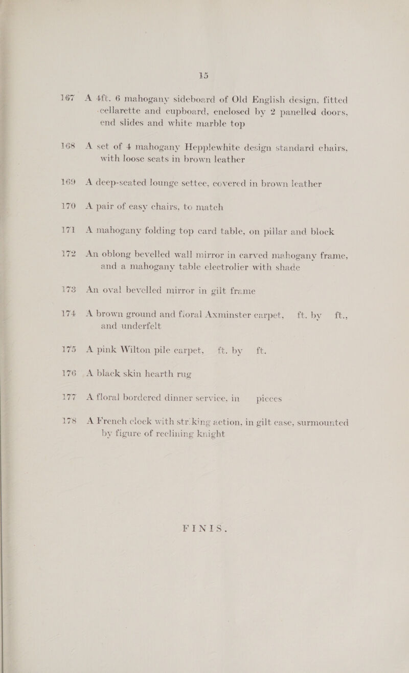 169 170 Ud 172 LS A 4ft. 6 mahogany sideboard of Old English design, fitted cellarette and cupboard, enclosed by 2 panelled doors, end slides and white marble top A set of 4 mahogany Hepplewhite design standard chairs. with loose seats in brown leather A deep-seated lounge settee, covered in brown leather A pair of easy chairs, to match A mahogany folding top card table, on pillar and block An oblong bevelled wall mirror in carved mahogany frame, and a mahogany table electrolier with shade An oval bevelled mirror in gilt frame A brown ground and floral Axminster enrpet, ft. by ft., and underfelt A pink Wilton pile carpet, ft. by fé. A black skin hearth rug A floral bordered dinner service, in pieces A French clock with str: king action, in gilt case, surmounted by figure of reclining knight FINIS.