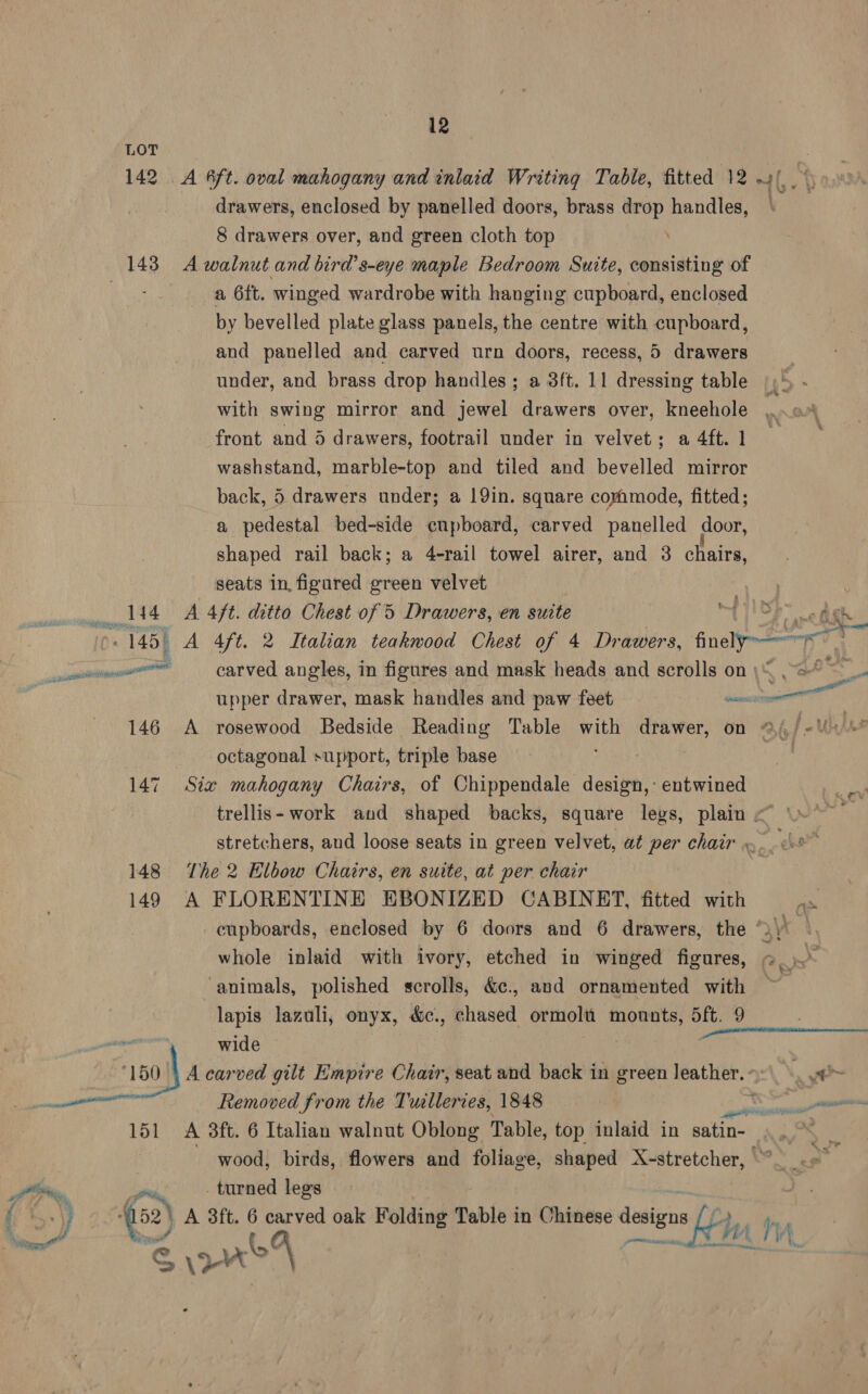 drawers, enclosed by panelled doors, brass drop handles, 8 drawers over, and green cloth top a 6ft. winged wardrobe with hanging cupboard, enclosed by bevelled plate glass panels, the centre with cupboard, and panelled and carved urn doors, recess, 5 drawers under, and brass drop handles; a 3ft. 11 dressing table with swing mirror and jewel drawers over, kneehole front and 5 drawers, footrail under in velvet; a 4ft. 1 washstand, marble-top and tiled and bevelled mirror back, 5 drawers under; a 19in. square coyimode, fitted; a pedestal bed-side cupboard, carved panelled door, shaped rail back; a 4-rail towel airer, and 3 chairs, seats in, figured green velvet 145) A pe amen 146 A 147 148 149 151 af ts, 3 ae 1 ‘7 upper drawer, mask handles and paw feet sm octagonal support, triple base fs “2 - ait? om nc ‘ae: 7 et LE lapis lazuli, onyx, &amp;c., chased ormolt mounts, 5ft. 9 wide . . Removed from the Tualleries, 1848 . turned legs .