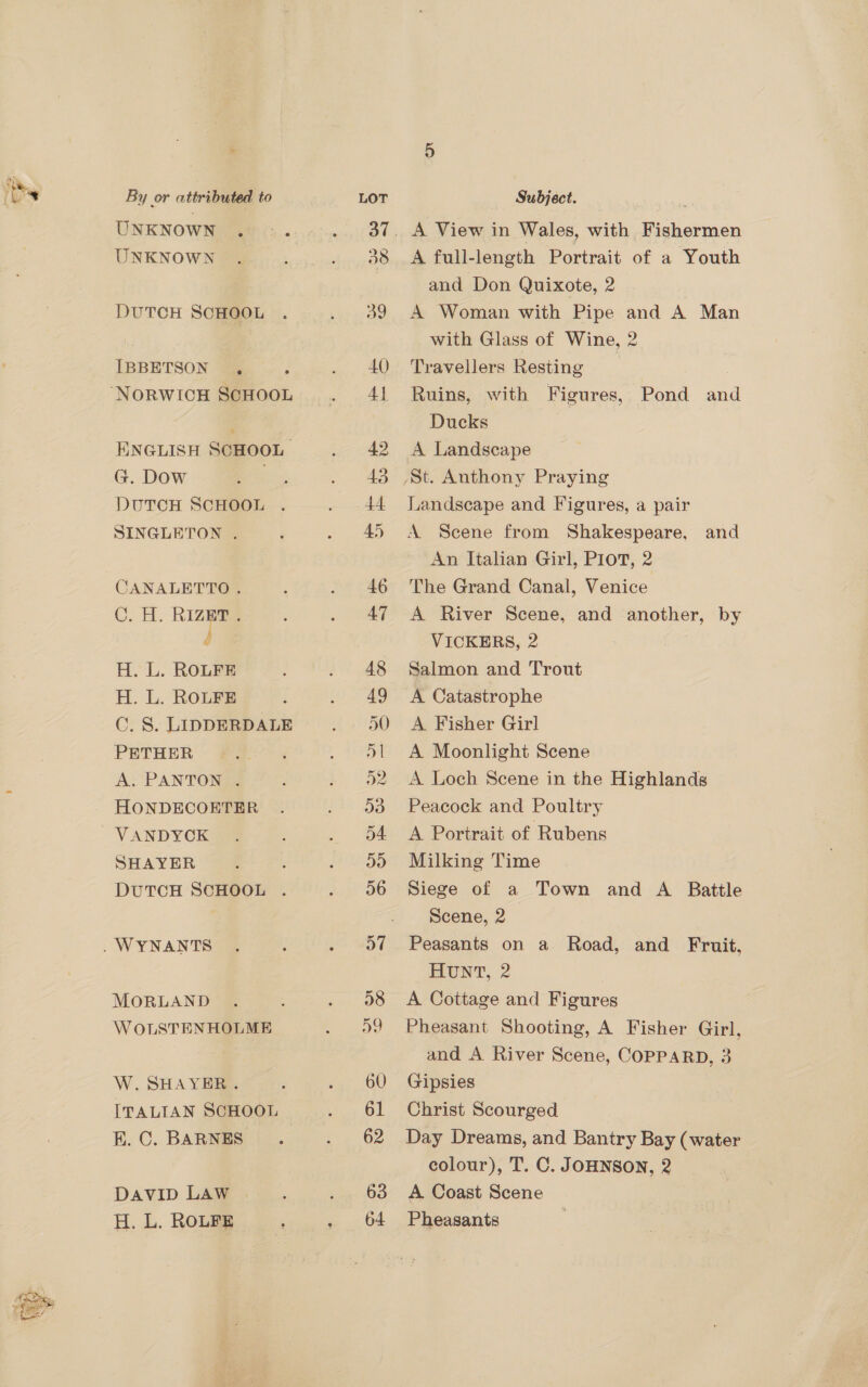 it) By or attributed to LOT Subject. i UNKNOWN . ... .. 37. A View in Wales, with Fishermen UNKNOWN . ts abeebertap st Srnec full-length Portrait of a Youth and Don Quixote, 2 DUTCH SCHOOL . . 39 A Woman with Pipe and A Man : ' with Glass of Wine, 2 IBBETSON , ; . 40 Travellers Resting ‘NoRWICH ScHOOL . 41 Ruins, with Figures, Pond and Ducks ENGLISH SCHOOL . 42 A Landscape G. Dow mee . 43 .St. Anthony Praying DUTCH SCHOOL . . 44 JLandscape and Figures, a pair SINGLETON . { . 45 <A Scene from Shakespeare, and An Italian Girl, P1ot, 2 CANALETTO . : . 46 The Grand Canal, Venice C. H. RIZET . ; . 47 A River Scene, and another, by } VICKERS, 2 H. L. ROLFE . 48 Salmon and Trout H. L. ROLFE ; . 49 A Catastrophe C. 8. LIDDERDALE 1. 50 A Fisher Girl PETHER - 9a? . ol A Moonlight Scene A. PANTON . . 92 A Loch Scene in the Highlands HONDECOETER . . 03 Peacock and Poultry VANDYCK 3 . 54 A Portrait of Rubens SHAYER 2 , . ood Milking Time DUTCH SCHOOL . . o6 Siege of a Town and A Battle | . Scene, 2 _WYNANTS . 5 . oO¢ Peasants on a Road, and Fruit, Hunt, 2 MORLAND . . 08 A Cottage and Figures W OLSTENHOLME . 94 Pheasant Shooting, A Fisher Girl, and A River Scene, COPPARD, 3 W. SHAYER. . 60° Gipsies ITALIAN SCHOOL . 61 Christ Scourged K.C. BARNES. . 62 Day Dreams, and Bantry Bay (water colour), T. C. JOHNSON, 2 DaviIp LAW... . 63 A Coast Scene H. L. ROLFE , . 64 Pheasants 