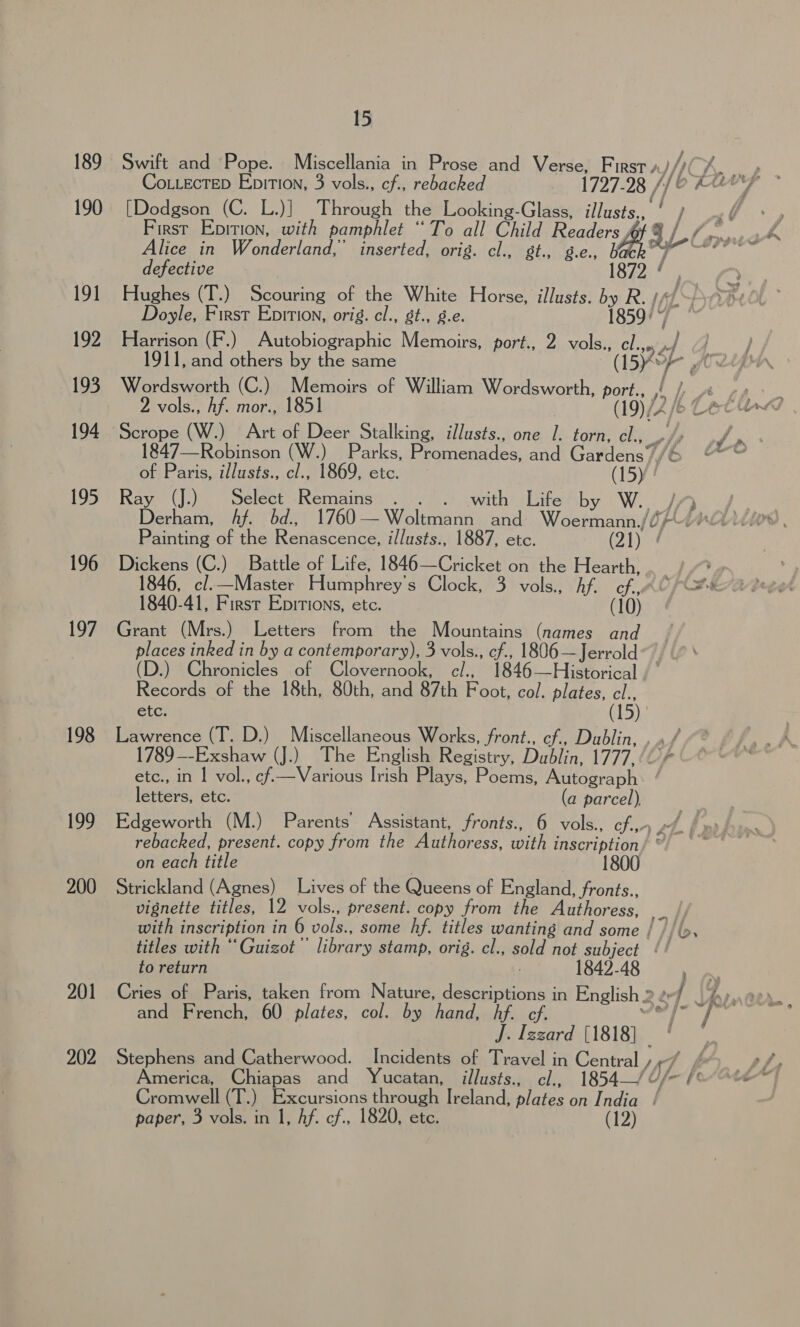 189 Swift and Pope. Miscellania in Prose and Verse, First / Hy re a Co.LecTED Epition, 3 vols., cf., rebacked 1727-28 /{/@ UU? * 190 [Dodgson (C. L.)] Through the Looking-Glass, illusts., ‘ First Epirion, with pamphlet ‘To all Child Readers 4 Alice in Wonderland,’ inserted, orig. cl., gt., g.e., Wack” defective | | 191 Hughes (T.) Scouring of the White Horse, illusts. by R. s4/~ Doyle, First Epition, orig. cl., gt., g.e. 1859) 192 Harrison (F.) Autobiographic Memoirs, port., 2 vols., Chives ef 4 1911, and others by the same (bho J 193 Wordsworth (C.) Memoirs of William Wordsworth, port., Eee tn ot vols., Af. mor., 1851 (19) (Ase Lecr« 194 Scrope (W.) Art of Deer Stalking, illusts., one 1. torn, cl., pet 1847—Robinson (W.) Parks, Promenades, and Gardens” /&amp; of Paris, illusts., cl., 1869, etc. (15) 1957 Ray~ (J.)'. “Select Remains |. 2: .with: LifeAby W.. JA Derham, Af. bd., 1760—Woltmann and Woermann./ i --) Painting of the Renascence, illusts., 1887, etc. PAD 196 Dickens (C.) Battle of Life, 1846—Cricket on the Hearth, a 4 1846, cl.—Master Humphrey's Clock, 3 vols. Af. cf. C/o 1840-41, First Epirions, etc. (10) 197. Grant (Mrs.) Letters from the Mountains (names and places inked in by a contemporary), 3 vols., cf., 1806—Jerrold”’ (D.) Chronicles of Clovernook, c/., 1846—Historical / ° Records of the 18th, 80th, and 87th Foot, col. plates, cl., etc. (15). 198 Lawrence (T. D.) Miscellaneous Works, front., cf., Dublin, . »/ 1789 --Exshaw (J.) The English Registry, Dublin, 1777, (0 etc., in | vol., ¢f—Various Irish Plays, Poems, Autograph letters, etc. (a parcel) | 199 Edgeworth (M.) Parents. Assistant, fronts., 6 vols., cf... »f rebacked, present. copy from the Authoress, with inscription: on each title | | 200 Strickland (Agnes) Lives of the Queens of England, fronts., vignette titles, 12 vols., present. copy from the Authoress, sf 7 F . ’ &amp; A eat with inscription in 6 vols., some hf. titles wanting and some / // (&gt;, titles with ‘“Guizot” library stamp, orig. cl., sold not subject * to return 1842-48 201 Cries of Paris, taken from Nature, descriptions in English 2 2e/ | Ay .o0) and French, 60 plates, col. by hand, hf. cf. batt J. Izzard [1818] a&gt; 202 Stephens and Catherwood. Incidents of Travel in Central »~/ America, Chiapas and Yucatan, illusts., cl., 1854—/U/~ /' Cromwell (T.) Excursions through Ireland, plates on India / paper, 3 vols. in 1, Af. cf., 1820, etc. (12)
