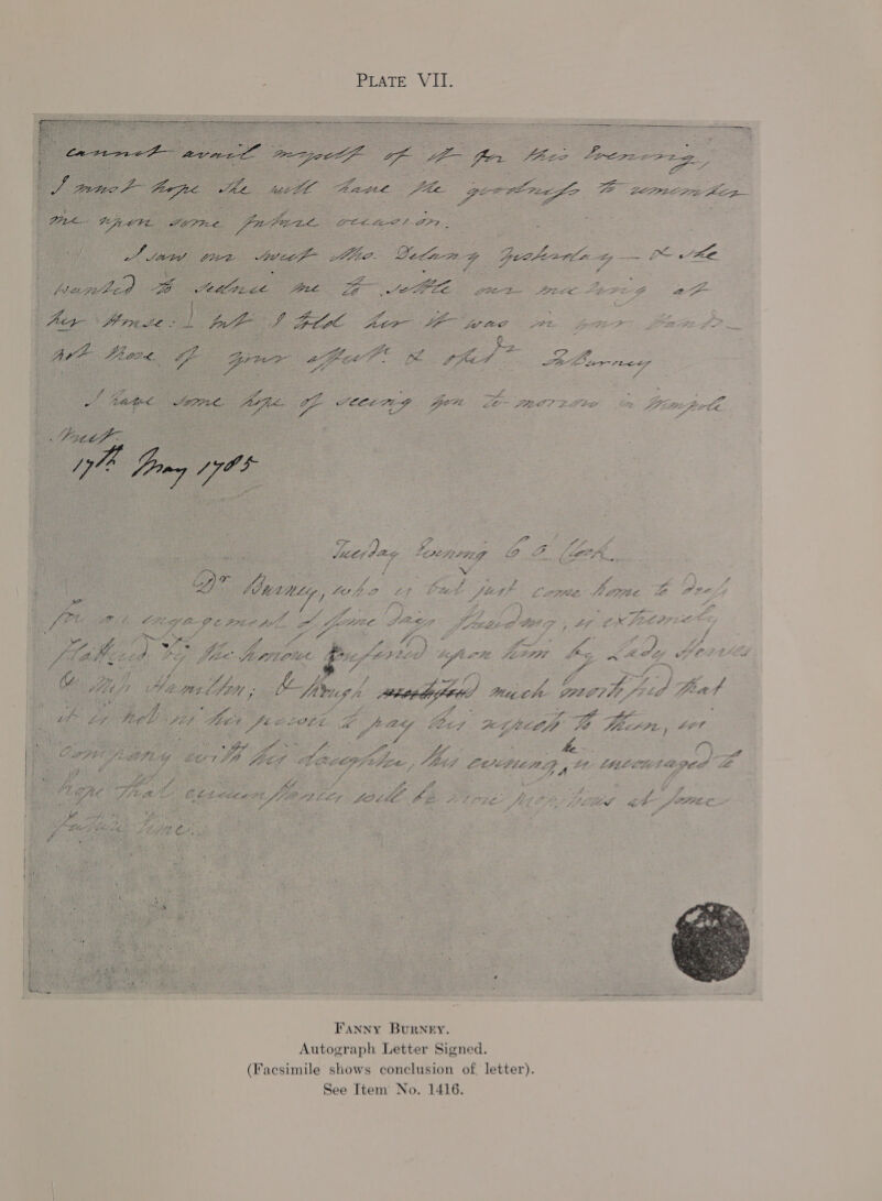  Fanny Burney. . | Autograph Letter Signed. (Facsimile shows conclusion of. letter). See Item No. 1416. S