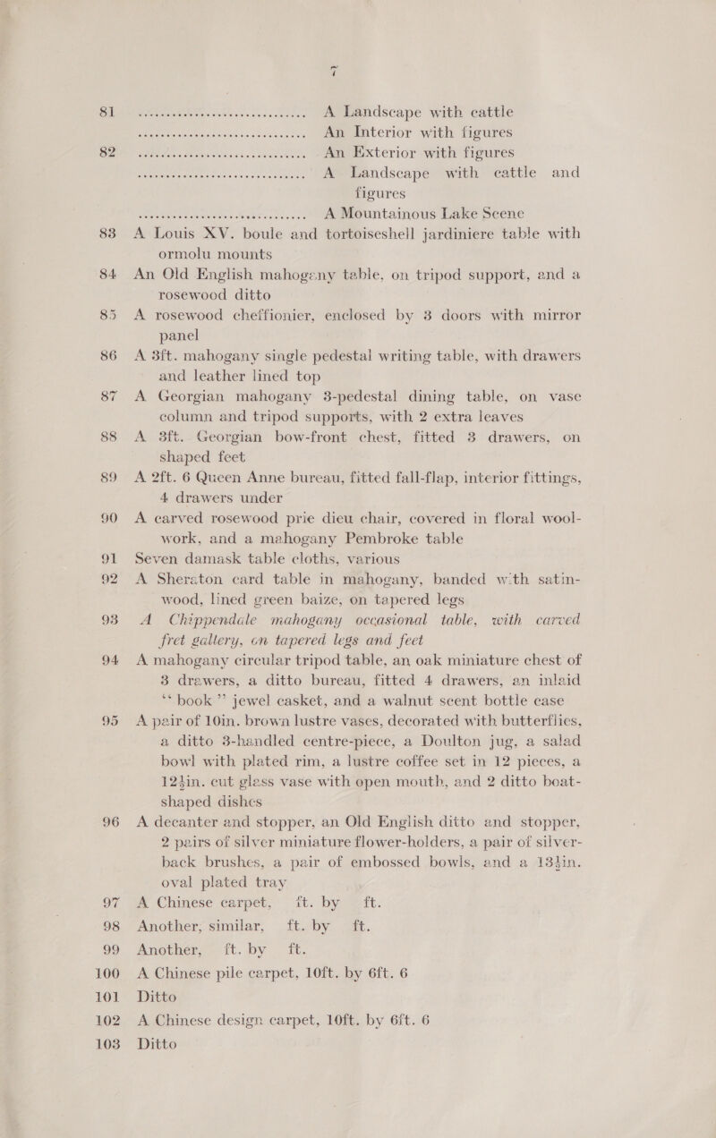 81 82 96 = his (rls Sh Sata a ae PO A Landscape with cattle Be Ee Si cea tire An Interior with figures CECI > Seats tivity Seu Oe An Exterior with figures a AoA 0 eR ne A Landscape with cattle and figures eC Meee aes A Mountainous Lake Scene A Louis XV. boule and tortoiseshell jardiniere table with ormolu mounts An Old English mahogeny table, on tripod support, and a rosewood ditto A rosewood cheffionier, enclosed by 3 doors with mirror panel A 3ft. mahogany single pedestal writing table, with drawers and leather lined top A Georgian mahogany 3-pedestal dining table, on vase column and tripod supports, with 2 extra leaves A 3ft.. Georgian bow-front chest, fitted 3 drawers, on shaped feet A 2ft. 6 Queen Anne bureau, fitted fall-flap, interior fittings, 4 drawers under A carved rosewood prie dieu chair, covered in floral wool- work, and a mahogany Pembroke table Seven damask table cloths, various A Sheraton card table in mahogany, banded w:th satin- wood, lined green baize, on tapered legs A Chippendale mahogany occasional table, with carved fret gallery, on tapered legs and feet A mahogany circular tripod table, an oak miniature chest of 3 drawers, a ditto bureau, fitted 4 drawers, an inlaid ‘“ book ” jewel casket, and a walnut scent bottle case A pair of 10in. brown lustre vases, decorated with butterflies, a ditto 3-handled centre-piece, a Doulton jug, a salad bowl with plated rim, a lustre coffee set in 12 pieces, a 12hin. cut glass vase with open mouth, and 2 ditto boat- shaped dishes A decanter and stopper, an Old English ditto and stopper, 2 pairs of silver miniature flower-holders, a pair of silver- back brushes, a pair of embossed bowls, and a 13$in. oval plated tray a Chinese carpet, it. by 2 ft. Another; similar, , it./by. it. Another, - ft. by ft. A Chinese pile carpet, 10ft. by 6ft. 6 Ditto A Chinese design carpet, 10ft. by 6ft. 6 Ditto
