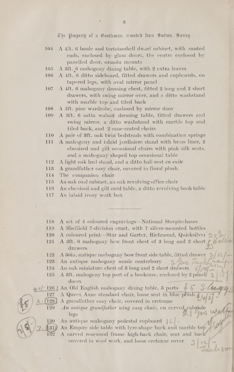 e Aroperty of a Gentleman, remobed from Sutton, Surrey. 104 <A 4it. 6 boule and tortoiseshell dwarf cabinet, with canted ends, enclosed by glass doors, the centre enclosed by panelled door, ormolu mounts 105 A 3ft. 6 mahogany dining table, with 2 extra leaves 106 A 4ft. 6 ditto sideboard, fitted drawers and cupboards, on tapered legs, with oval mirror panel 107 A 4ft. 6 mahogany dressing chest, fitted 2 long and 2 short drawers, with swing mirror over, and a ditto washstand with marble top and tiled back 108 <A 5ft. pine wardrobe, enclosed by mirror door | 109 A 3ift. 6 satin walnut dressing table, fitted drawers and swing mirror, a ditto washstand with marble top and tiled back, and 2 ecane-seated chairs 110 A pair of 3ft. oak twin bedsteads with combination springs 111 A mahogany and inlaid jardiniere stand with brass liner, 2 ebonised and gilt occasional chairs with pink silk seats, and a mahogany shaped top occasional table 112 A light oak hail stand, and a ditto hall seat en swite 113 A grandfather easy chair, covered ia floral plush 114 The companion chair 115 An oak coal cabinet, an oak revolving office chair 116 An ebonised and gilt card table, a ditto revolving book table 117 An inlaid ivory work box  118 A set of 4 coloured engravings—National. Steeplechases 119 A Sheffield 7-division cruet, with 7 silver-mounted bottles 120 A coloured print—Star and Garter, Richmond, Quicksilver © t 121 A 3ft. 6 mahogany bow front chest of 3 long and 2 phortf Mot Led drawers aid 122) A 3010. antique mahogany bow front side table, titted drawer = / /2 |= 123 An antique mahogany music canterbury 6 et (Me fen 124 An oak miniature chest of 3 long and 2 short at: ers. $f, 1 pI 125 A 3ft. mahogany top part of a bookcase, enclosed by 2 2 pane V4 | I doors een 4 @/° 126 | An Old English mahogany dining table, 3 parts JESS Zot oo 127 A Queen Anne standard chair, loose seat in blue plush # uJ i] - 45 } 6; (28) A grandfather easy chair, covered in cretonne ih * YY 129 An antique grandfather wing easy chair, on Cary a aes as dog legs ms “|p An antique mahogany pedestal cupboard | 6 | if! / An Empire side table with lyre-shape back and marble yl o) A carved rosewood frame high-back chair, seat and back covered in wool work, and loose ecretonne cover * | “ws | As + « 