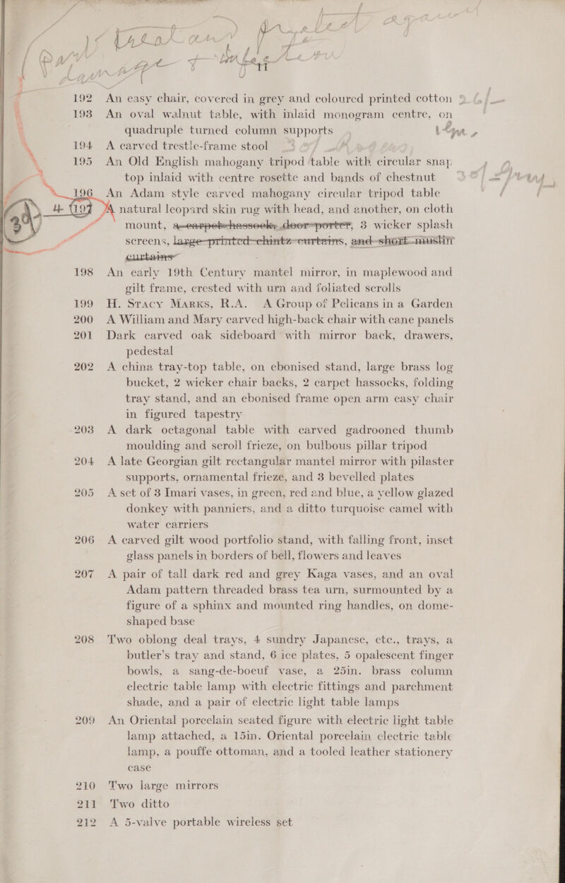  204 208 ie | peer i ‘ Vr fy &amp; ( bh ph CARY | é 6 aie se rs { | 4 An easy chair, covered in grey and coloured printed cotton © An oval walnut table, with inlaid monogram centre, on A carved trestle-frame stool | An Old English mahogany tripod table with circular snap top inlaid with centre rosette and bands of chestnut An Adam style carved mahogany circular tripod table mount, anearpetheassoeky deer=portet, 3 wicker splash screens, laree-printcd-chintz-curtams, and-short-mushiy curiae” An early 19th Century cones mirror, 1n maplewood and gilt frame, crested with urn and foliated scrolls H. Stacy Marxs, R.A. A Group of Pelicans in a Garden A William and Mary carved high-back chair with cane panels Dark carved oak sideboard with mirror back, drawers, pedestal A china tray-top table, on ebonised stand, large brass log bucket, 2 wicker chair backs, 2 carpet hassocks, folding tray stand, and an ebonised frame open arm easy chair in figured tapestry A dark octagonal table with carved gadrooned thumb moulding and scroil frieze, on bulbous pillar tripod A late Georgian gilt rectangular mantel mirror with pilaster supports, ornamental frieze, and 3 bevelled plates A set of 3 Imari vases, in green, red and blue, a yellow glazed donkey with panniers, and a ditto turquoise camel with water carriers A carved gilt wood portfolio stand, with falling front, inset glass panels in borders of bell, flowers and leaves A pair of tall dark red and grey Kaga vases, and an oval Adam pattern threaded brass tea urn, surmounted by a figure of a sphinx and mounted ring handles, on dome- shaped base Two oblong deal trays, 4 sundry Japanese, etc., trays, a bowls, a sang-de-boeuf vase, a 25in. brass column electric table lamp with electric fittings and parchment shade, and a pair of electric light table lamps An Oriental porcelain seated figure with electric light table lamp attached, a 15in. Oriental porcelain electric table lamp, a poultfe ottoman, and a tooled leather stationery case Two large mirrors Two ditto A 5-valve portable wireless set