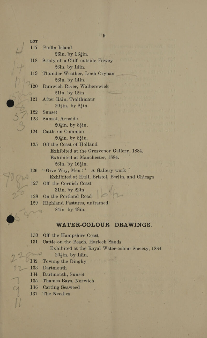 117 Puffin Island 26in. by 16}in. 118 Study of a Cliff outside Fowey 26in. by 14in. 119 Thunder Weather, Loch Crynan 26in. by 14in. 2lin. by 12in. 121 After Rain, Traithmaur 203in. by 8fin. 123 Sunset, Arnside 204in. by 8fin. 124 Cattle on Common 202in. by 8fin. 125 Off the Coast of Holland Exhibited at the Grosvenor Gallery, 1884. Exhibited at Manchester, 1884. 26in. by 164in. Exhibited at Hull, Bristol, Berlin, and Chicago 3lin. by 22in. i{ 128 On the Portland Road 129 Highland Pastures, unframed 84in by 48in. WATER-COLOUR DRAWINGS. 130 Off the Hampshire Coast 131 Cattle on the Beach, Harlech Sands Exhibited at the Royal Water-colour Society, 1884 ~ 204in. by 14in. 133 Dartmouth 134 Dartmouth, Sunset 135 Thames Bays, Norwich 136 Carting Seaweed 137 The Needles