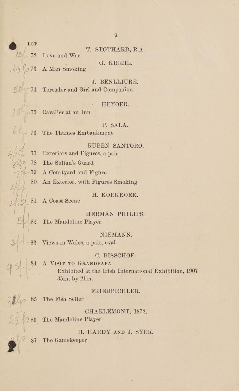 5) 82 a5 84. ) T. STOTHARD, R.A. Love and War . G. KUEHL. A Man Smoking 3 J. BENLLIURE. Toreador and Girl and Companion HEYOER. Cavalier at an Inn P. SALA. The Thames Embankment RUBEN SANTORO. Exteriors and Figures, a pair The Sultan’s Guard A Courtyard and Figure H. KOEKKOEK. A Coast Scene HERMAN PHILIPS. The Mandoline Player NIEMANN. Views in Wales, a pair, oval C. BISSCHOF. A VISIT TO GRANDPAPA Exhibited at the Irish International Exhibition, 1907 3din. by 2lin. FRIEDBICHLER. The Fish Seller CHARLEMONT, 1872. The Mandoline Player H. HARDY AND J. SYER. The Gamekeeper