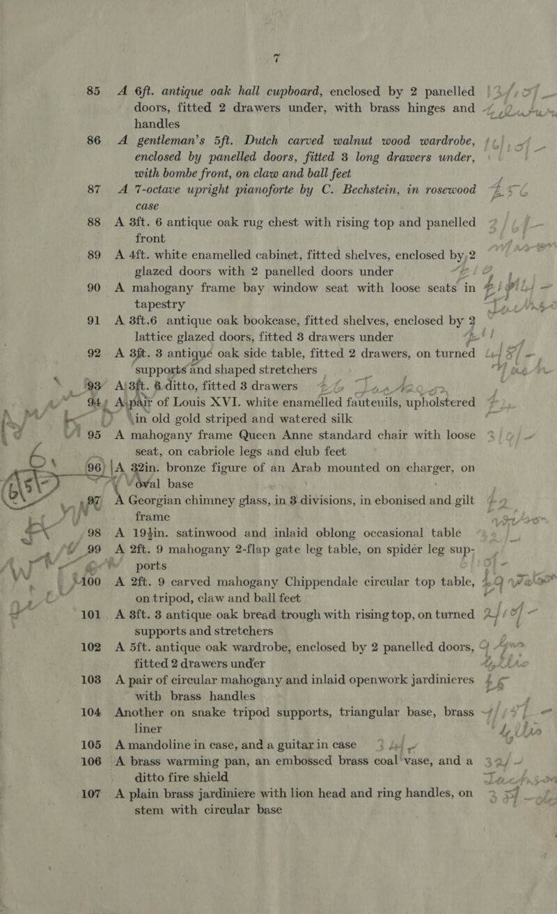 85 86  7 A 6ft. antique oak hall cupboard, enclosed by 2 panelled handles A gentleman’s 5ft. Dutch carved walnut wood wardrobe, enclosed by panelled doors, fitted 3 long drawers under, with bombe front, on claw and ball feet A 7-octave upright pianoforte by C. Bechstein, in rosewood case A 3ft. 6 antique oak rug chest with rising top and panelled front A 4ft. white enamelled cabinet, fitted shelves, enclosed yy, 2 glazed doors with 2 panelled doors under | A mahogany frame bay window seat with loose seats in tapestry A 3ft.6 antique oak bookcase, fitted shelves, enclosed by 2 A Sit. 3 antique oak side table, fitted 2 drawers, on turned supports and shaped stretchers _ iy AS ft. 6 ditto, fitted 3 drawers Sd ae An \in old gold striped and watered silk seat, on cabriole legs and club feet ral base Georgian chimney glass, in 8 divisions, in ebonised and gilt frame A 194in. satinwood and inlaid oblong occasional table A 2ft. 9 mahogany 2-flap gate leg table, on spider leg sup- A 2ft. 9 carved mahogany Chippendale circular top table, on tripod, claw and ball feet A 8ft. 3 antique oak bread trough with rising top, on turned supports and stretchers fitted 2 drawers under A pair of circular mahogany and inlaid openwork jardinieres with brass handles liner A mandoline in case, and a guitar: incase 3 se). A brass warming pan, an embossed brass coal vase, and a ditto fire shield A plain brass jardiniere with lion head and ring handles, on stem with circular base
