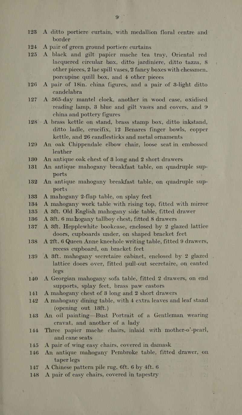 124 125 126 127 129 130 131 132 133 134 135 136 137 138 139 140 141 142 143 144 145 146 147 148 9 A ditto portiere curtain, with medallion BN centre and border A pair of green ground portiere curtains A black and gilt. papier mache tea tray, Oriental red lacquered circular box, ditto jardiniere, ditto tazza, 8 other pieces, 2 lac spill vases, 2 fancy boxes with chessmen. porcupine quill box, and 4 other pieces A pair of 18in. china figures, and a pair of 3-light ditto candelabra A 365-day mantel clock, another in wood case, oxidised reading lamp, 3 blue and gilt vases and covers, and 9 china and pottery figures ditto ladle, crucifix, 12 Benares finger bowls, copper kettle, and 26 candlesticks and metal ornaments An oak Chippendale elbow chair, loose seat in embossed leather An, antique oak chest of 3 long and 2 short drawers An antique mahogany breakfast table, on quadruple sup- ports An antique mahogany breakfast table, on quadruple sup- ports A mahogany 2-flap table, on splay feet A mahogany work table with rising top, fitted with mirror A 3ft. Old English mahogany side table, fitted drawer A 3ft. 6 mahogany tallboy chest, fitted 8 drawers A 3ft. Hepplewhite bookcase, enclosed by 2 glazed lattice doors, cupboards under, on shaped bracket feet A 2ft. 6 Queen Anne kneehole writing table, fitted 9 drawers, recess cupboard, on bracket feet A 3ft. mahogany secretaire cabinet, enclosed by 2 glazed lattice doors over, fitted pull-out secretaire, on canted legs A Georgian mahogany sofa table, fitted 2 drawers, on end supports, splay feet, brass paw castors A mahogany chest of 3 long and 2 short drawers A mahogany dining table, with 4 extra leaves and leaf stand (opening out 13ft.) An oil painting—Bust Portrait of a Gentleman wearing cravat, and another of a lady Three papier mache chairs, inlaid with mother-o’-pearl, and cane seats A pair of wing easy chairs, covered in damask An antique mahogany Pembroke table, fitted drawer, on taper legs A Chinese pattern, pile rug, 6ft. 6 by 4ft. 6 A pair of easy chairs, covered in tapestry