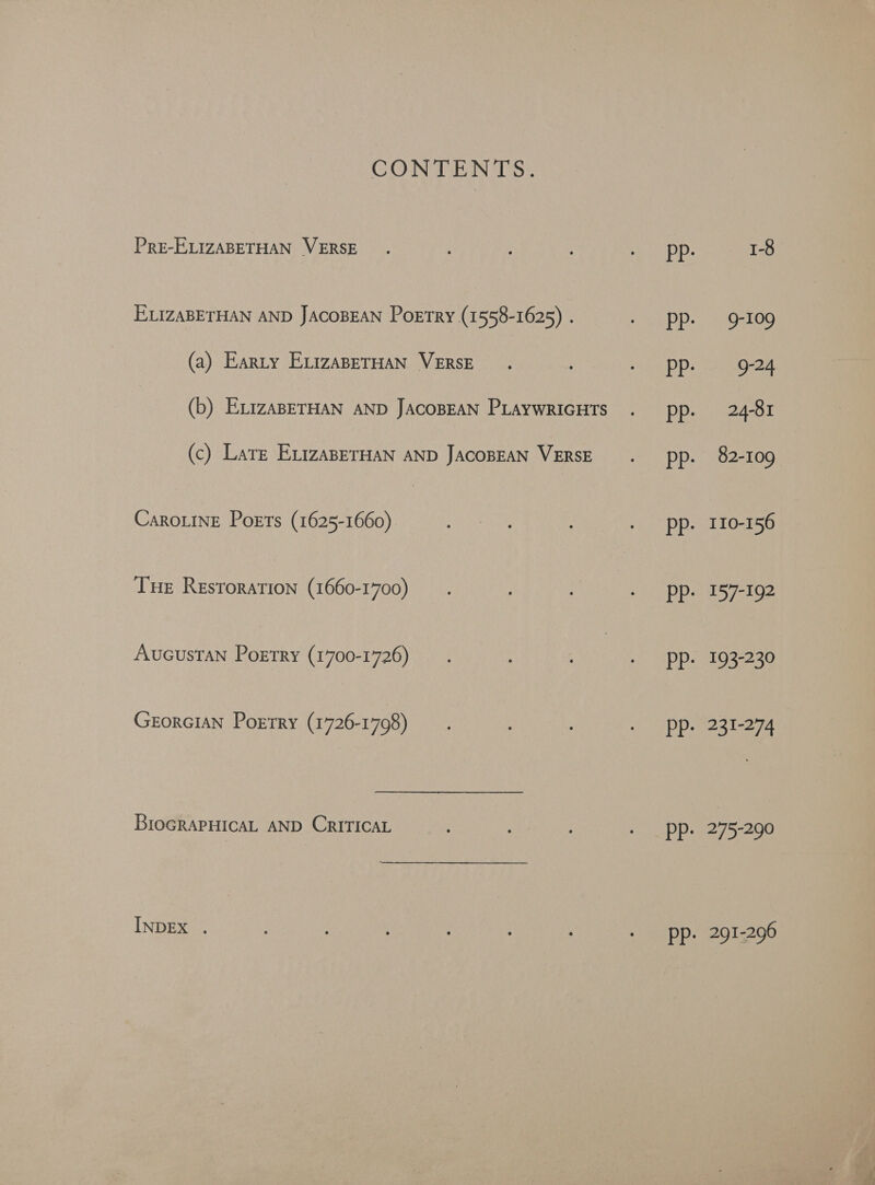 CONTENTS. PrE-ELIZABETHAN VERSE ELIZABETHAN AND JACOBEAN PoeErry (1558-1625) . (a) Earty EvizABeTHaN VERSE (b) ELizaBETHAN AND JACOBEAN PLAYWRIGHTS (c) Late Ex1zaABETHAN AND JACOBEAN VERSE CaroLinE Poets (1625-1660) THE Restoration (1660-1700) Aucustan Pogtry (1700-1726) GEorGIAN Poetry (1726-1798) BIOGRAPHICAL AND CRITICAL INDEX . 1-8 ehh ot 24-81 82-109 I10-156 wey 193-230 231-274 275-290 291-296