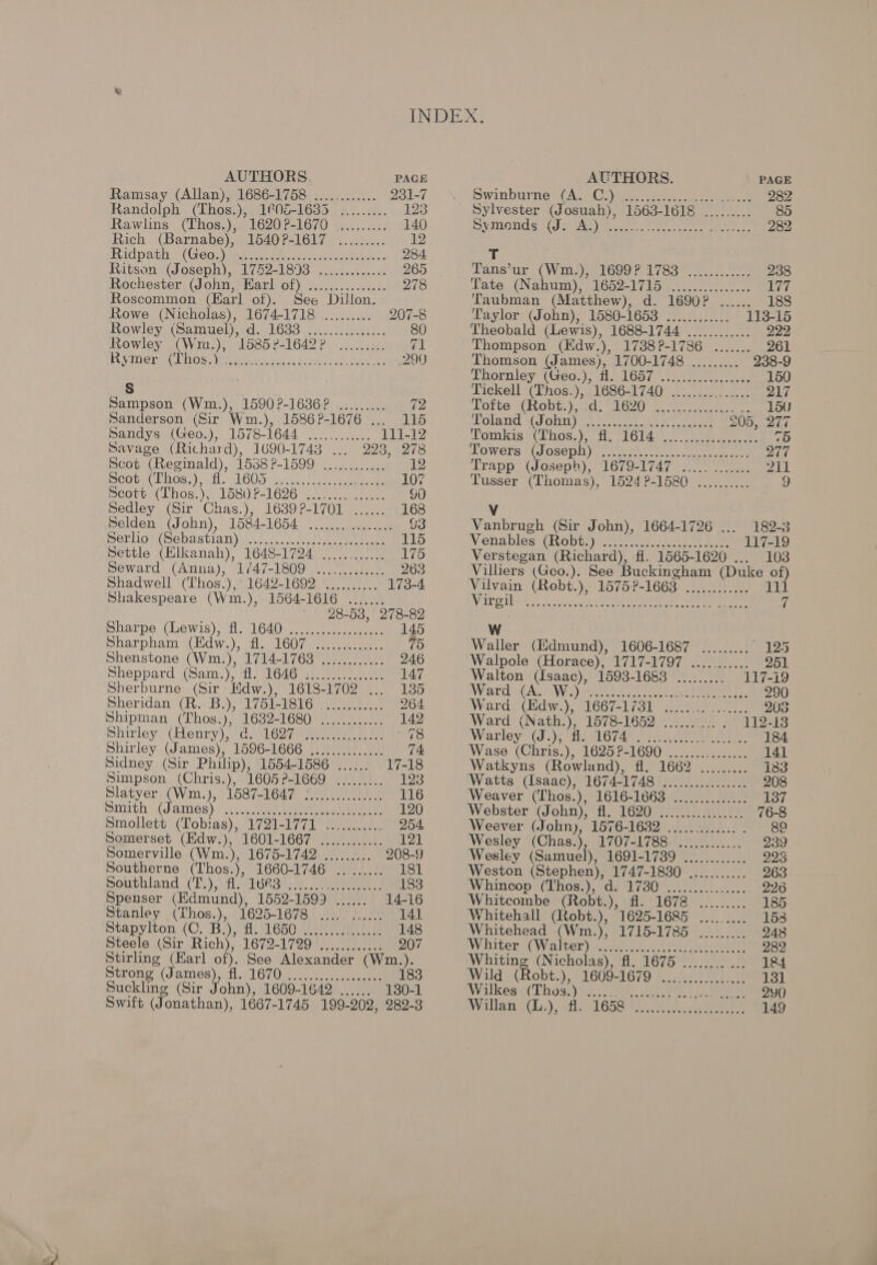 INDEX AUTHORS. PAGE AUTHORS. PAGE Ramsay (Allan), 1686-1758 ............ 2al-7 \SSwinburnenw( AAC a mee eee Serene 282 Randolph (Thos.), 1608-1635 ......... 123 Sylvester (Josuah), 1563-1618 ......... 85 Rawlins (Thos.), 1620?-1670 ......... 140 Symonds i(Ji- (As) BO ge rat barr! Stee 282 Rich (Barnabe), 1540?-1617 ......... 12 Ridpath (Geo) Bere encr ecu bo 53 284 T Ritson (Joseph), 1752-1893 ............. 265 | Tans yr Wise ode be./ Ge eee: eee 238 Rochester (John, Earl of) ............... 278 Tate (Nahum), 1652-1715 ............... 177 Roscommon (Karl of). See Dillon. Taubman (Matthew), d. 1690? ...... 188 Rowe (Nicholas), 1674-1718 ......... 207-8 Taylor (John), 1580-1653 ............ 113-15 Rowley (Samuel), d. 1633 ............... 80 Theobald (Lewis), 1688-1744 ............ 222 Rowley (Wm.), 15852-1642? ......... aly Thompson (Edw.), 1738?-1786 ....... 261 Rysiergr itis Walt 20! 6 ee 0) ai pe 290 Thomson (James), 1700-1748 ......... 238-9 | Thornley ((Geo,)) ti 1657.4 tn eee 150 Ss Lickell \(Thos-), ;168621740° 32.74 ne are ket A De Sampson (Wm.), 1590?-1636? ......... 72 horte ACR ObG) 20) LG) ie ener a tee 150 Sanderson (Sir Wm.), 1586?-1676 ... 115 oland Moun) yee ae heme 205, 277 Sandys (Geo.), 1578-1644 ............ 111-12 Homlcis 1 UhOs.), , i. pL OLL Oka meee te 75 Savage (Richard), 1690-1743 :.. 223, 278 Lowers (GJOSCpn), ..s ful ee un oeceene ere 277 Scot (Reginald), 1538 ?-1599 ............ 12 Trapp (Joseph): 1679-1747 2 211 Conan danOm.), “fl. OU ceria feiss eels 107 Tusser (Thomas), 1524 ?-1580 .......... 9 mcotes(Lhos,); 15807-1626 1225. GO Sedley (Sir Chas.), 1639°-1701 ...:.. 168 Vv Selden (John), 1584-1654 ......... Me ee G3 Vanbrugh (Sir John), 1664-1726 ... 182-3 Derligi( Sebastian) yo .n.. es ateles toneeeee 115 Venables (Robt.y 21S e_ ke ene 2s 117-19 Settle (Elkanah), 1648-1724 ...... AMAR 175 Verstegan (Richard), -fl. 1565-1620 ... 103 Seward (Anna), 1747-1809 ............. 263 Villers (Geo.). See Buckingham (Duke of) Shadwell (Thos.), 1642-1692 .......... 173-4 Vilvain (Robt.), 1575 ?-1663. ............ 111 Shakespeare (Wm.), 1564-1616 ....... Wise Tey 2 cen iene CR Een oe Sn ee ee < ' 28-58, 278-8 Sharpe (Lewis), fl. 1640 .................. 145 Ww pharpham Mldw.), of. 01607 eye eee 75 Waller (Edmund), 1606-1687 ......... 125 Shenstone (Wm.), 1714-1763 ............ 246 Walpole (Horace), 1717-1797 ........... 251 Sheppard (Samy), i, 1646 shin ee 147 Walton (Isaac), 1593-1683 ......... 117-19 Sherburne (Sir Edw.), 1618-1702 ... 1385 Ward (GA. VW) mer en ste hee eas. 290 Sheridan (R.: B.), 1751-1816 .220...2.,- 264 Ward (Edw.), 1667-1731 ..... ET ee ee 205 Shipman (Thos.), 1632-1680 ............ 142 Ward (Nath.))°1578-1652. 2.05) 3119913 Shirley (Henry), c. 1627 ........ nai defies Warley (J.); “fi M1674 22h OU eee Shirley (James), 1596-1666 .............. 74 Wase (Chris.), 1625?-1690 ............... 141 Sidney (Sir Philip), 1554-1586 ...... 17-18 Watkyns (Rowland), fl. 1662 ......... 1383 Simpson (Chris.), 1605?-1669 ......... 123 Watts (Isaac), 1674-1748 ................ 208 Slatyer (Wm.), 1587-1647 f......0..22.., 116 Weaver (Thos.), 1616-1663: 1122...) ./22°; 137 Smith (James): si...seee ete ee 120 Webster (John), fl. 1620 ................ 76-8 Smollett (Tobias), 1721-1771 ........... 254, Weever (John), 1576-1632 ...... ke! iy hab Somerset (Edw.), 1601-1667 ............ 121 Wesley (Chas.), 1707-1788 ............ 239 Somerville (Wm.), 1675-1742 ......... 208-9 Wesley (Samuel), SGDE-1 YOO ee EM 225 Southerne (Thos.), 1660-1746 ......... 181 Weston (Stephen), 1747-1830 ........... 263 Seuphland. (T.) VAVel6rS Uy Jee, | 183 Whincop (Thos.), d: 1730 ............... 226 Spenser (Edmund), 1552-1599 ...... 14-16 Whitcombe (Robt.), fl. 16728 ......... 185 Stanley (Thos.), 1625-1678 ........... 141 Whitehall (Robt.), 1625-1685 ......... 153 Stapylton (C. B.), fl. 1650 ........ Alay 148 Whitehead (Wm.), 1715-1785 ......... 248 Steele (Sir Rich), 1672-1729 ............ 207 Whiter (Walter) ci Ge oh nee 282 Stirling (Karl of). See Alexander (Wm.). si onae (Nicholas), “fl, 26755, s97e 184 Strong (James), f1,\1670 (204 ae 183 Wild (Robt.), 1609-1679 ................ 13] Suckling (Sir John), 1609-1642 ...... 130-1 Wilkes (Thos.) ...... ma bhokte Ws fark Meter amn Ie Swift (Jonathan), 1667-1745 199-202, 2892-3 Willan (L.), fl. 1658 ......... ieee ae 149