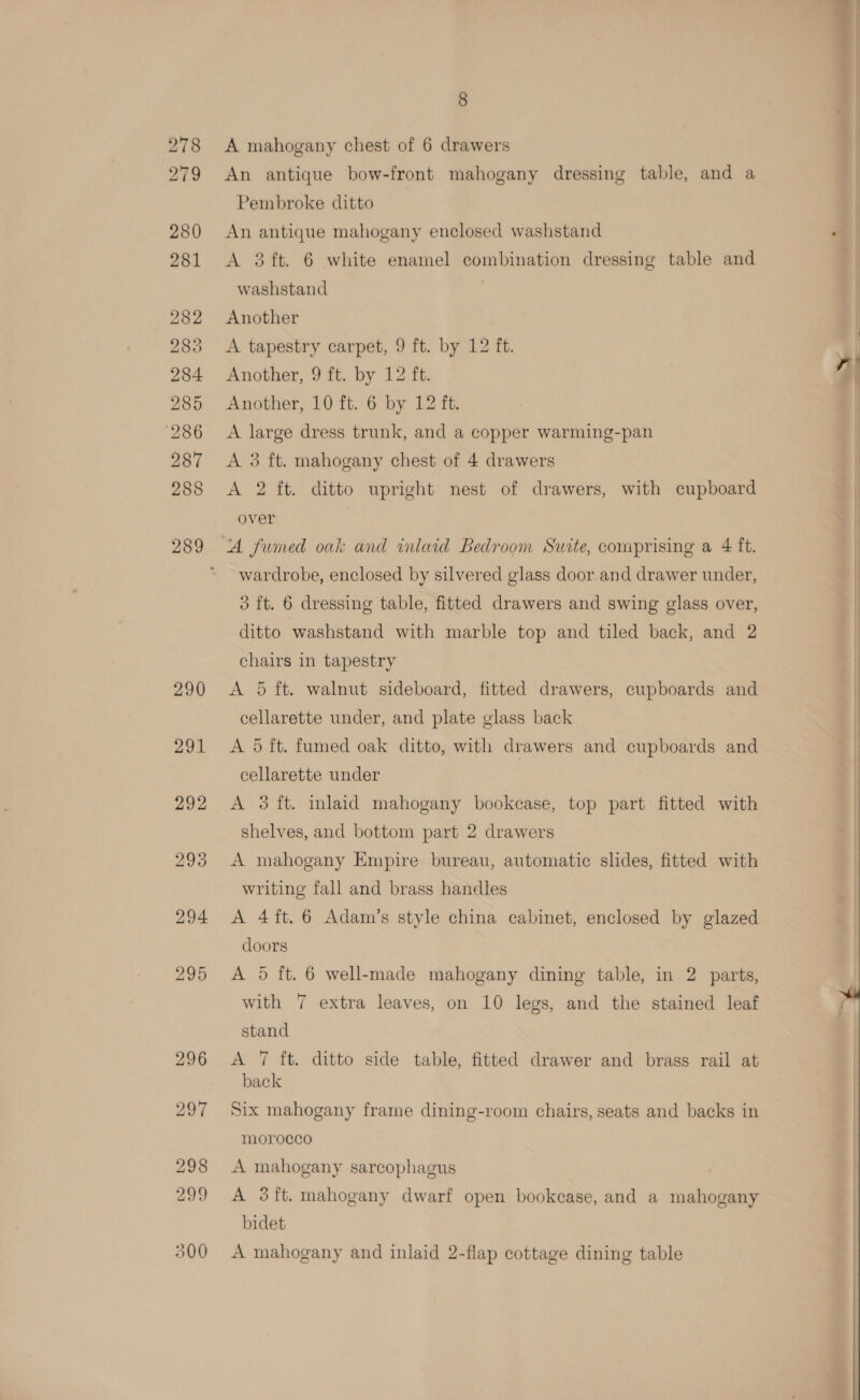 278 279 280 281 282 283 284 285 286 287 288 290 291 8 A mahogany chest of 6 drawers An antique bow-front mahogany dressing table, and a Pembroke ditto An antique mahogany enclosed washstand A 3 ft. 6 white enamel combination dressing table and washstand Another A tapestry carpet, 9 ft. by 12 ft. Another, 9 ft. by 12 ft. Another, 10 ft. 6 by 12 ft. A large dress trunk, and a copper warming-pan A 3 ft. mahogany chest of 4 drawers A 2 ft. ditto upright nest of drawers, with cupboard over wardrobe, enclosed by silvered glass door and drawer under, 3 ft. 6 dressing table, fitted drawers and swing glass over, ditto washstand with marble top and tiled back, and 2 chairs in tapestry | A 5 ft. walnut sideboard, fitted drawers, cupboards and cellarette under, and plate glass back A 5 ft. fumed oak ditto, with drawers and cupboards and cellarette under A 3 ft. mlaid mahogany bookcase, top part fitted with shelves, and bottom part 2 drawers A mahogany Empire bureau, automatic slides, fitted with writing fall and brass handles A 4ft. 6 Adam’s style china cabinet, enclosed by glazed doors A 5 ft. 6 well-made mahogany dining table, in 2 parts, with 7 extra leaves, on 10 legs, and the stained leaf stand A 7 ft. ditto side table, fitted drawer and brass rail at back Six mahogany frame dining-room chairs, seats and backs in morocco A mahogany sarcophagus A 31ft. mahogany dwarf open bookcase, and a mahogany bidet A mahogany and inlaid 2-flap cottage dining table  