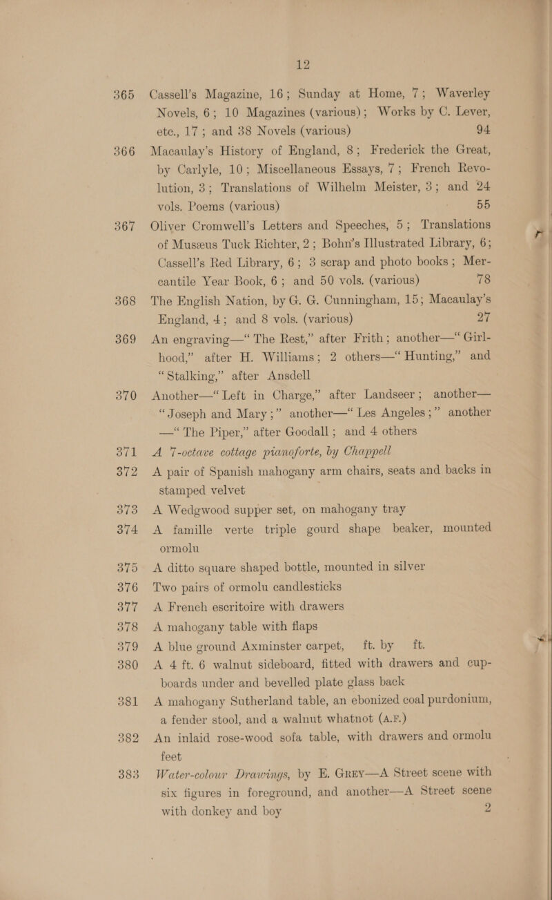366 367 368 369 370 12 Cassell’s Magazine, 16; Sunday at Home, 7; Waverley Novels, 6; 10 Magazines (various); Works by C. Lever, etc., 17; and 38 Novels (various) 94 Macaulay’s History of England, 8; Frederick the Great, by Carlyle, 10; Miscellaneous Essays, 7; French Revo- lution, 3; Translations of Wilhelm Meister, 3; and 24 vols. Poems (various) : 55 Oliver Cromwell’s Letters and Speeches, 5; Translations of Museus Tuck Richter, 2; Bohn’s Illustrated Library, 6; Cassell’s Red Library, 6; 3 scrap and photo books; Mer- cantile Year Book, 6; and 50 vols. (various) 78 The English Nation, by G. G. Cunningham, 15; Macaulay's England, +; and 8 vols. (various) 27 An engraving—“ The Rest,” after Frith ; another—* Girl- hood,” after H. Williams; 2 others—“ Hunting,” and “Stalking,” after Ansdell Another—“ Left in Charge,” after Landseer; another— “Joseph and Mary ;” another—“ Les Angeles ;” another —“ The Piper,” after Goodall ; and 4 others A 7-octave cottage pianoforte, by Chappell A pair of Spanish mahogany arm chairs, seats and backs in stamped velvet . A Wedgwood supper set, on mahogany tray A famille verte triple gourd shape beaker, mounted ormolu A ditto square shaped bottle, mounted in silver Two pairs of ormolu candlesticks A French escritoire with drawers A mahogany table with flaps A blue ground Axminster carpet, ft. by ft. boards under and bevelled plate glass back A mahogany Sutherland table, an ebonized coal purdonium, a fender stool, and a walnut whatnot (A.F.) An inlaid rose-wood sofa table, with drawers and ormolu feet Water-colour Drawings, by E. Grey—A Street scene with six figures in foreground, and another—A Street scene with donkey and boy 2  