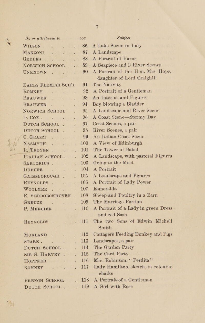 WILSON MANZONI GEDDES NORWICH SCHOOL UNKNOWN EARLY FLEMISH SCH’L ROMNEY BRAUWER BRAUWER NORWICH SCHOOL D. Cox. ’ DUTCH SCHOOL . DUTCH SCHOOL . C. GRAZZI NASMYTH R. TROYEN . SARTORIUS . DUBUFE GAINSBOROUGH . REYNOLDS . WoOOLMER E. VERBOECKHOVEN . GREUZE P. MERCIER REYNOLDS MORLAND STARK . ; DUTCH SCHOOL . Str G. HARVEY . HOPPNER ROMNEY FRENCH SCHOOL DUTCH SCHOOL . 100 101 102 103 104 105 106 107 108 109 110 111 112 113 114 115 116 117 118 119 A Lake Scene in Italy A Landscape A Portrait of Burns A Seapiece and 2 River Scenes A Portrait of the Hon. Mrs. Hope, daughter of Lord Craighill The Nativity A Portrait of a Gentleman An Interior and Figures Boy blowing a Bladder A Landscape and River Scene A Coast Scene—Stormy Day Coast Scenes, a pair River Scenes, a pair An Italian Coast Scene A View of Edinburgh The Tower of Babel A Landscape, with pastoral Figures Going to the Meet A Portrait A Landscape and Figures A Portrait of Lady Power Esmeralda Sheep and Poultry in a Barn The Marriage Portion | A Portrait of a Lady in green Dress and red Sash The two Sons of Edwin Michell Smith Cottagers Feeding Donkey and Pigs Landscapes, a pair The Garden Party The Card Party Mrs. Robinson, “ Perdita”’ Lady Hamilton, sketch, in coloured chalks A Portrait of a Gentleman A Girl with Rose