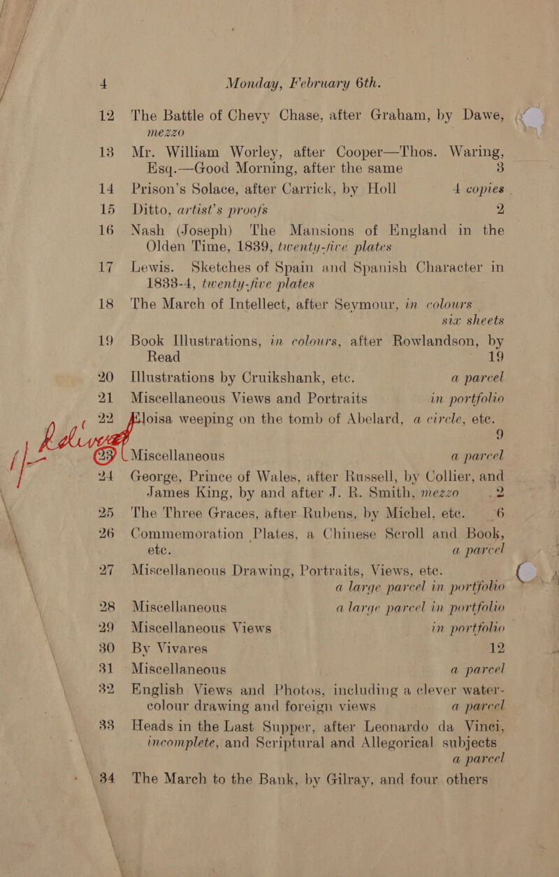   Monday, February 6th. The Battle of Chevy Chase, after Graham, by Dawe, MeéEZZO Mr. William Worley, after Cooper—Thos. Waring, Esq.—Good Morning, after the same 3 Ditto, artist's proofs 2 Nash (Joseph) The Mansions of England in the Olden Time, 1839, twenty-five plates Lewis. Sketches of Spain and Spanish Character in 1833-4, twenty-five plates — The March of Intellect, after Seymour, im colowrs six sheets Book Illustrations, in colours, after Rowlandson, by Read 19 Ilustrations by Cruikshank, etc. a parcel Miscellaneous Views and Portraits in portfolio oisa Weeping on the tomb of Abelard, a@ circle, ete. o Miscellaneous a parcel George, Prince of Wales, after Russell, by Collier, and James King, by and after J. R. Smith, mezzo se The Three Graces, after Rubens, by Michel, ete. 6 Commemoration Plates, a Chinese Seroll and Book, ete. a parcel Miscellaneous Drawing, Portraits, Views, etc. a large parcel in portfolio Miscellaneous a large parcel in portfolio Miscellaneous Views in portfolio — By Vivares 12 Miscellaneous ma parcel English Views and Photos, including a clever water- colour drawing and foreign views a parcel Heads in the Last Supper, after Leonardo da Vinci, incomplete, and Scriptural and Allegorical subjects The March to the Bank, by Gilray, and four others lid