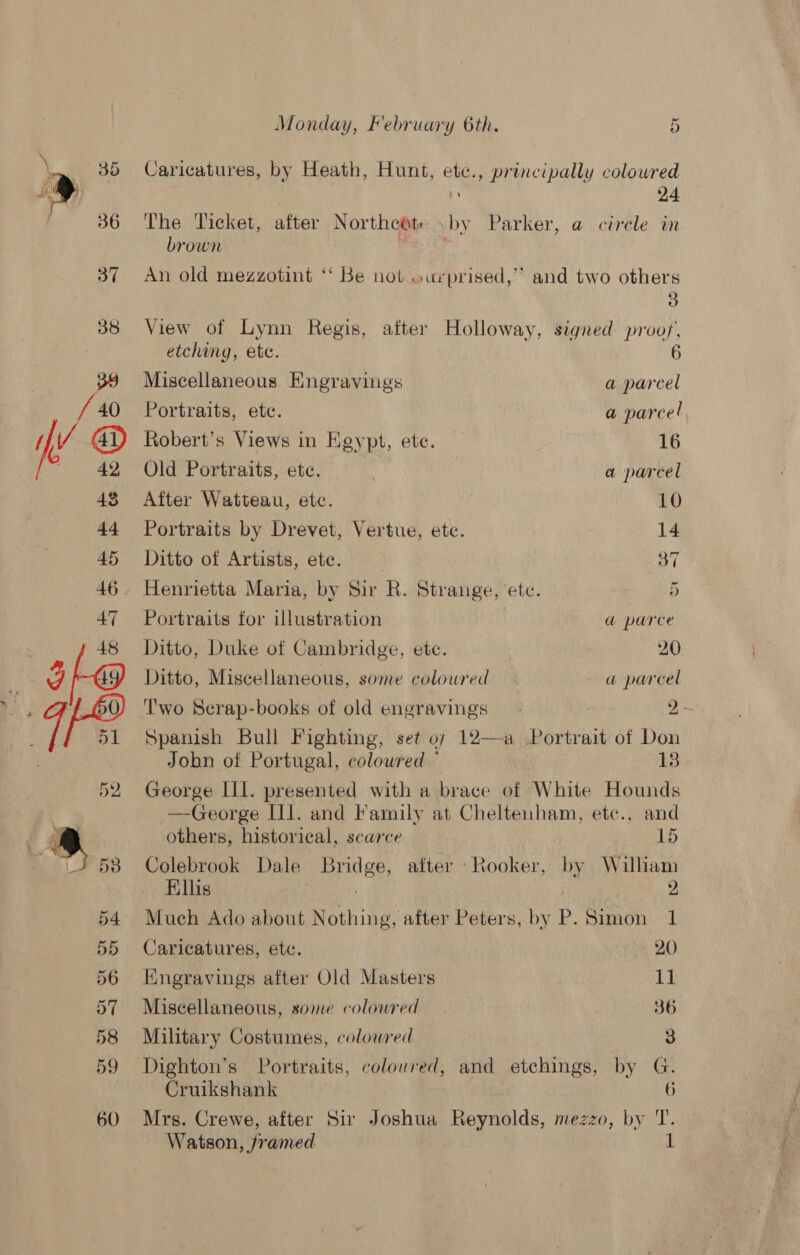 35 Caricatures, by Heath, Hunt, ete., principally colowred I 24 386 The Ticket, after Nor theete ‘by Parker, a circle in brown 37 An old mezzotint “ Be not .«rprised,”” and two others 5) 38 View of Lynn Regis, after Holloway, siqned proof’, etching, ete. 6 39 Miscellaneous Engravings a parcel Vi 40 Portraits, etc. a parcel ap Robert’s Views in Keypt, ete. 16 42 Old Portraits, ete. a parcel 48 After Watteau, etc. 10 44 Portraits by Drevet, Vertue, ete. 14 45 Ditto of Artists, ete. 37 46. Henrietta Maria, by Sir R. Strange, ete. 5 47 Portraits for illustration a parce Ditto, Duke of Cambridge, ete. 20 Ditto, Miscellaneous, some coloured a parcel ‘'wo Scrap-books of old engravings 2 ~ 51 Spanish Bull Fighting, set o7 12—a Portrait of Don John of Portugal, coloured © PRLS 52 George IIL. presented with a brace of White Hounds Oo OO OF NN Oo OA Dd TH BH SD Sc Monday, February 6th. 5 —George II]. and Family at Cheltenham, ete., and others, historical, scarce 15 Colebrook Dale pce, after _Rooker, by William Ellis 2 Much Ado about Nothing, after Peters, by P. Simon 1 Caricatures, ete. 20) Kngravings after Old Masters 11 Miscellaneous, some colowred 36 Military Costumes, colowred 3 Dighton’s Portraits, colowred, and etchings, by GG. Cruikshank 6 Mrs. Crewe, after Sir Joshua Reynolds, mezzo, by 'T.