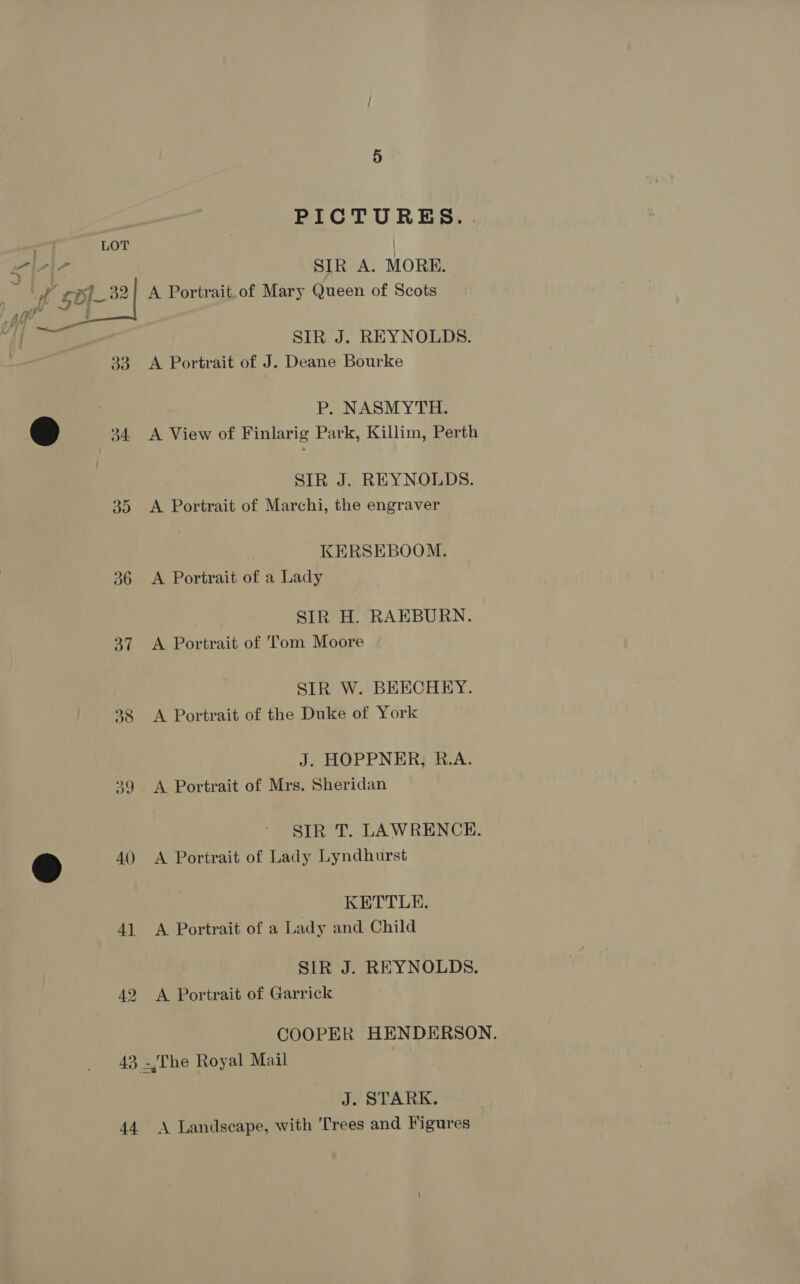 PICTURES... SIR A. MORE. A Portrait.of Mary Queen of Scots  SIR J. REYNOLDS. 33 A Portrait of J. Deane Bourke P. NASMYTH. a) 34 A View of Finlarig Park, Killim, Perth SIR J. REYNOLDS. 35 A Portrait of Marchi, the engraver KERSEBOOM. 36 A Portrait of a Lady SIR H. RAEBURN. 37 A Portrait of Tom Moore STR W. BEECHEY. 28 A Portrait of the Duke of York J. HOPPNER, R.A. 39 &lt;A Portrait of Mrs. Sheridan SIR T. LAWRENCH. ® 4) A Portrait of Lady Lyndhurst KETTLE. 41 &lt;A Portrait of a Lady and Child SIR J. REYNOLDS. 49 A Portrait of Garrick COOPER HENDERSON. 43, -'The Royal Mail J. STARK. 44 A Landscape, with Trees and Figures