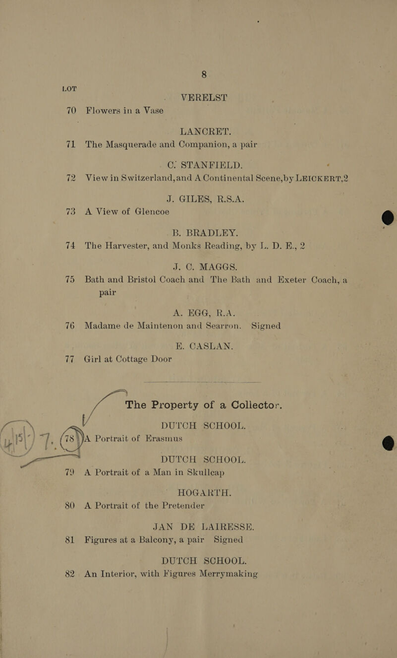 71 73 74 15 17 79 80) 81 82 8 VERELST Flowers in a Vase LANCRET. The Masquerade and Companion, a pair C. STANFIELD. View in Switzerland,and A Continental Scene,by LEICKERT,2 J. GILES, R.S.A. A View of Glencoe B. BRADLEY. The Harvester, and Monks Reading, by L. D. E., 2 J. C. MAGGS. Bath and Bristol Coach and The Bath and Exeter Coach, a pair A. EGG, R.A. Madame de Maintenon and Searron. Signed KH. CASLAN. Girl at Cottage Door ee The Property of a Collector. L DUTCH SCHOOL.  DUTCH SCHOOL. A Portrait of a Man in Skulleap HOGARTH. A Portrait of the Pretender JAN DE LAIRESSE. Figures at a Balcony, a pair Signed DUTCH SCHOOL. An Interior, with Figures Merrymaking  