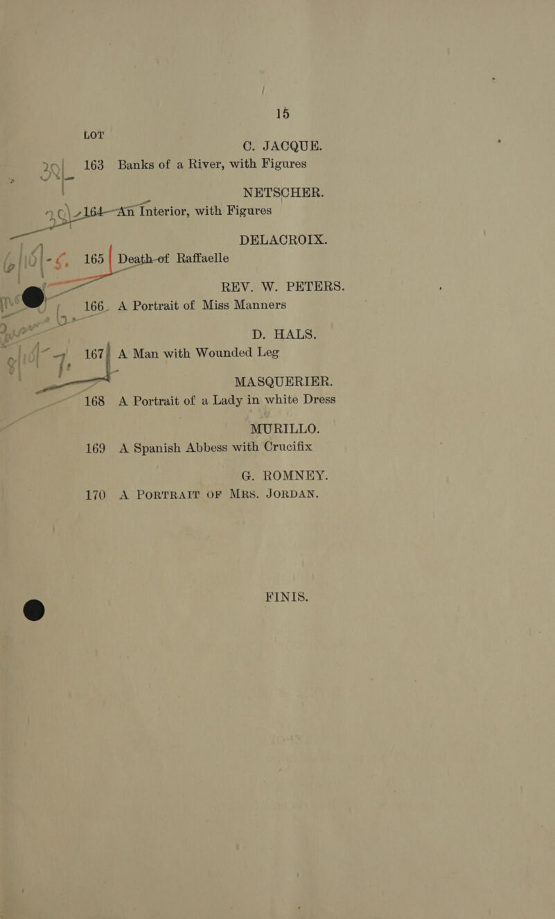 Low C. JACQUE. &gt;! 163 Banks of a River, with Figures , S law NETSCHER. yn Q\z)64—An Interior, with Figures oT, DELACROIX. lp es Rel paeet Raffaelle a ee . REV. W. PETERS. ire’ Uf 166. A Portrait of Miss Manners tes D. HALS. o-_.| 167% A Man with Wounded Leg   . MASQUERIER. 168 A Portrait of a Lady in white Dress MURILLO. 169 A Spanish Abbess with Crucifix G. ROMNEY. 170 A PORTRAIT OF MRS. JORDAN. FINIS. &amp;