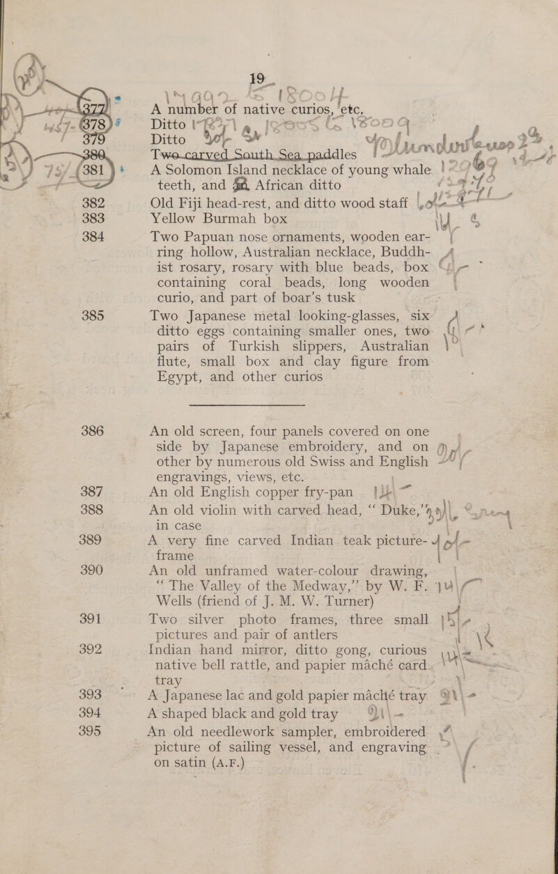 o ., P ' 2 \ &amp; ; es oo { % : f 1\s 5 27) (2 466 ae (2) Win ae ae “2 ‘ od  | dles A Solomon Island necklace of young whale. ! «| as 7 teeth, and 4# African ditto . el oe Old Fiji head-rest, and ditto wood staff. | Lol: Soot : Yellow Burmah box ild : Two Papuan nose ornaments, wooden ear- { ring hollow, Australian necklace, Buddh- 4 ist rosary, rosary with blue beads, boxSg- - containing coral beads, long wooden’ ~ curio, and part of boar’s tusk : 385 Two Japanese metal looking-glasses, six ¢ ditto eggs containing smaller ones, two \U ~ * pairs of Turkish slippers, Australian yy flute, small box and clay figure from Egypt, and other curios  386 An old screen, four panels covered on one , side by Japanese embroidery, and on ,/ other by numerous old Swiss and aa a | engravings, views, etc. 387 An old English copper fry-pan . fib ~ 388 An old violin with carved head, “ Duke,” 9)\ K pans in case Re a: i - 389 A very fine carved Indian teak picture- ole frame i 390 An old unframed water-colour vee | “The Valley of the Medway,” by W. F..)u\ 7” Wells (friend of J. M. W. Turner) 391 Two silver photo frames, three small LG : pictures and pair of antlers ! es 392 Indian hand mirror, ditto gong, curious Se native bell rattle, and papier maché card. ie : tra \' 393°. >= A apne lac and gold papier maché tray Q\i= 394 A shaped black and gold tray 9\\- 395 _ An old needlework sampler, embroidered .” — on satin (A.F.) —