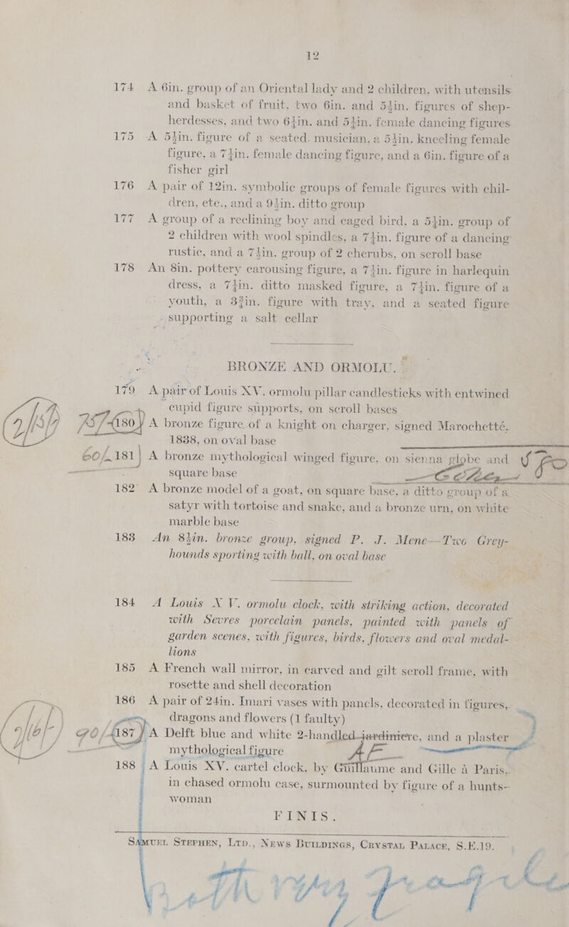 174 A 6in. group of an Oriental lady and 2 children, with utensils. and basket of fruit, two 6in. ane 5gin. figures of shep- herdesses, and two 64in. and 5}in. female dancing figures 175 A 5hin. figure of a se Kt musician, 2 5din. knecling female figure, a 77zin. female dancing figure, and a 6in. figure of a fisher girl | 176 A pair of 12in. symbolic groups of female figures with chil- dren, etc., and a 94in. ditto group 177 A group of a reclining boy and caged bird, a 5iin. eroup of 2 children with wool spindles, a 74in. figure of a dancing rustic, and a 74in. group of 2 cherubs, on scroll base 178 An 8in. pottery carousing figure, a 71lin. figure in harlequin dress, a 7j}in. ditto masked figure, a 71lin. figure of a youth, a 3iin. figure with tray, and a seated figure supporting a salt cellar  are oy ‘ BRONZE AND ORMOLU. 179.7, A. pai ir of Louis XV. ormolu pillar candlesticks with entwined AIR ; cupid figure supports, on scroll bases ¢ WS 287 180) A bronze figure of a knight on charger, signed Marochetté. a phy 1838, on oval base 60/4 181 | A bronze mythological winged figure. on sienna globe and SFP meal iyi square base — —i € Eo 182° A bronze model of a goat, on square base, a. ditt: croup of a satyr with tortoise and snake, and a bronze any on white marble base 183. An 8hin. bronze group, signed P. J. Mene—T'wo Grey- hounds sporting with ball, on oval base   vi 184 A Lowis XV. ormolu clock, with striking action, decorated with Sevres porcelain panels, painted with panels of garden scenes, with figures, birds, flowers and oval medal- lions 185 A French wall mirror, in carved and eult scroll frame, with rosette and shell decoration ae 186 A pair of 24in. Imari vases with panels, decorated in figures, _ Pd / | / | eee dragons and flowers (1 faulty) 7 : y a /- / 0/4187 J A Delft blue and white 2-handled-jardiniere, and a plaster _/   AY fF Les mythological figure ere ry ~—rennemgg een cag 188 iA Louis XV. cartel clock, by Gtillaume and Gille A Paris. _ in chased ormolu case, surmounted by figure of a hunts- woman    ETS   URL STEPHEN, Ltp., News Buirpinas, Crystan Patace, 8.1.19. I '% “es 4 : mM a, Me ry if @.%, y ¢ we” hes . 
