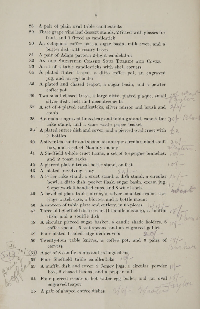29 30 31 32 33 34 35 36 37 38 AO Ay A2 A3 AA A5 46 AT 48 A9 50 pa 4 Three grape vine leaf dessert stands, 2 fitted with glasses for fruit, and 1 fitted as candlestick An octagonal coffee pot, a sugar basin, milk ewer, and a butter dish with rosary bases A pair of Adam pattern 5-light candelabra AN OLD SHEFFIELD CHASED Soup TUREEN AND COVER A set of 4 table candlesticks with shell corners A plated fluted teapot, a ditto coffee pot, an engraved jug, and an egg boiler A plated and chased teapot, a sugar basin, and a pewter coffee pot Two small chased trays, a large ditto, plated plaque, small silver dish, belt and accoutrements A set of 4 plated candlesticks, silver mirror and brush and comb cake stand, and a cane waste paper basket 7 bottles box, and a set of Maundy money A Sheffield 8-hole cruet frame, a set of 4 epergne branches, and 2 toast racks A pierced plated tripod bottle stand, on feet A plated revolving tray (a (ee A 3-tier cake stand, a cruet stand, a dish me) a circular 2 openwork 2-handled cups, and 8 wine labels A bevelled glass table mirror, in silver-mounted frame, car- riage watch case, a blotter, and a bottle mount A canteen of table plate and cutlery, in 66 pieces, / , Three old Sheffield dish covers (1 handle missing), dish, and a soufflé dish coffee spoons, 5 salt spoons, and an engraved goblet Four plated beaded edge dish covers 4 ts/ ne Twenty-four table knives, a coffee pot, and 3 pairs of carvers Four Sheffield table candlesticks /~/ ~ box, 2 chased basins, and a pepper mill Four pierced coasters, hot water egg boiler, and an oval engraved teapot A pair of shaped entree dishes co -