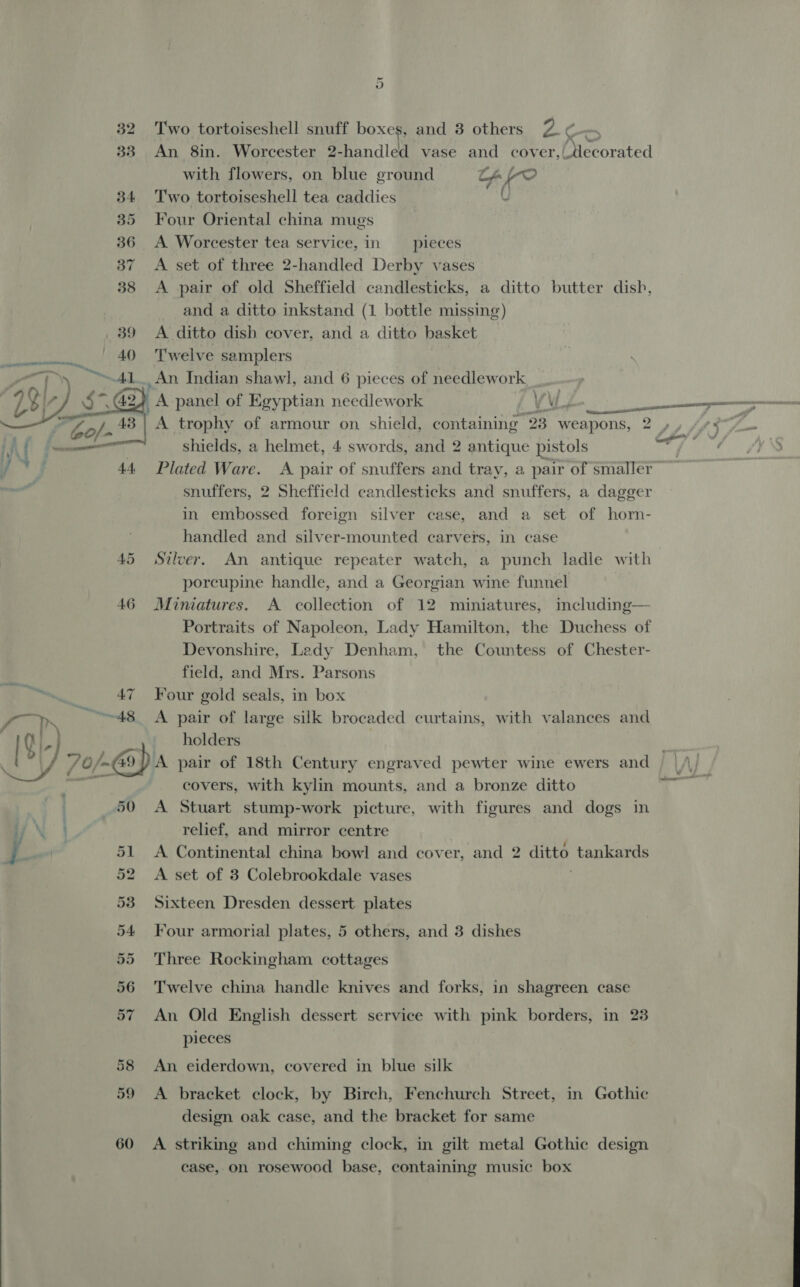 33 An 8in. Worcester 2-handled vase and cover, Oaecorated with flowers, on blue ground a fo? 34 Two tortoiseshell tea caddies U 35 Four Oriental china mugs 36 A Worcester tea service, in pieces 37 &lt;A set of three 2-handled Derby vases 38 A pair of old Sheffield candlesticks, a ditto butter dish, and a ditto inkstand (1 bottle missing) 39 A ditto dish cover, and a ditto basket | “ Twelve samplers 1. An Indian shawl, and 6 pieces of needlework  : . Be G _A panel of Egyptian needlework VV —— 43 | A trophy of armour on shield, poneainiia an weapons, 2 ,, (73° ia shields, a helmet, 4 swords, and 2 antique pistols ve id he 44 Plated Ware. A pair of snuffers and tray, a pair of smaller snuffers, 2 Sheffield candlesticks and snuffers, a dagger in embossed foreign silver case, and a set of horn- handled and silver-mounted carvers, in case 45 Silver. An antique repeater watch, a punch ladle with porcupine handle, and a Georgian wine funnel 46 Miniatures. A collection of 12 miniatures, including— Portraits of Napoleon, Lady Hamilton, the Duchess of Devonshire, Ledy Denham, the Countess of Chester- field, and Mrs. Parsons =, 47 Four gold seals, in box TN ~~~~48_ A pair of large silk brocaded curtains, with valances and [Gi-) dhl holders ny 7 0/~ 49) A pair of 18th Century engraved pewter wine ewers and dpi covers, with kylin mounts, and a bronze ditto 50 A Stuart stump-work picture, with figures and dogs in ; relief, and mirror centre I Yaga 51 A Continental china bowl and cover, and 2 ditto tankards 52 &lt;A set of 3 Colebrookdale vases 53 Sixteen Dresden dessert plates 54 Four armorial plates, 5 others, and 3 dishes 55 Three Rockingham cottages 56 Twelve china handle knives and forks, in shagreen case 57 An Old English dessert service with pink borders, in 23 pieces 58 An eiderdown, covered in blue silk 59 &lt;A bracket clock, by Birch, Fenchurch Street, in Gothic design oak case, and the bracket for same  60 &lt;A striking and chiming clock, in gilt metal Gothic design case, on rosewood base, containing music box