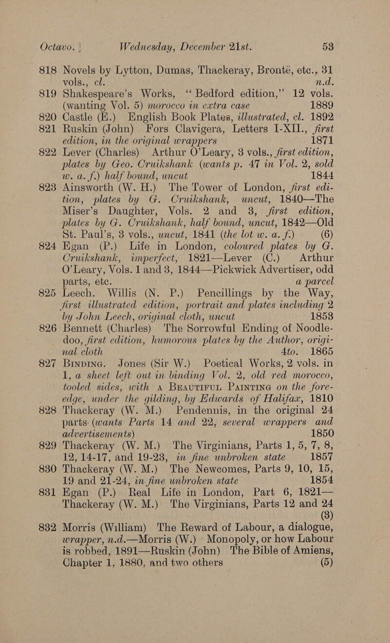— 818 819 820 821 822 823 824 825 826 827 828 829 830 831 832 Novels by Lytton, Dumas, Thackeray, Bronte, etc., 31 vols., cl. n.d. Shakespeare’s Works, ‘‘ Bedford edition,’ 12 vols. (wanting Vol. 5) morocco wm extra case 1889 Castle (H.) English Book Plates, dlustrated, cl. 1892 Ruskin (John) Fors Clavigera, Letters I-XII., jirst edition, mr the original wrappers 1871 Lever (Charles) Arthur O’Leary, 3 vols., first edition, plates by Geo. Crukshank (wants p. 47 in Vol. 2, sold w. a. f.) half bound, uncut 1844 Ainsworth (W. H.) The Tower of London, first edi- tion, plates by G. Crwukshank, uncut, 1840—The Miser’s Daughter, Vols. 2 and 3, first edition, plates by G. Cruikshank, half bound, wncut, 1842—Old St. Paul’s, 3 vols., wncut, 1841 (the lot w. a. f.) (6) Egan (P.) Life in London, coloured plates by G. Cruikshank, imperfect, 1821—Lever (C.) Arthur O’Leary, Vols. 1 and 3, 1844—Pickwick Advertiser, odd parts, ete. ; a parcel Leech. Willis (N. P.) Pencillings by the Way, jirst illustrated edition, portrait and plates including 2 by John Leech, original cloth, uncut 1853 Bennett (Charles) The Sorrowful Ending of Noodle- doo, first edition, humorous plates by the Author, origi- nal cloth Ato. 1865 Binpine. Jones (Sir W.) Poetical Works, 2 vols. in 1, a sheet left out in binding Vol. 2, old red morocco, tooled sides, with a Brautirut Partnrine on the fore- edge, under the gilding, by Edwards of Halifax, 1810 Thackeray (W. M.) Pendennis, in the original 24 parts: (wants Parts 14 and 22, several wrappers and advertisements) 1850 Thackeray (W. M.) The Virginians, Parts 1, 5, 7, 8, 12, 14-17, and 19-23, a fine wnbroken state 1857 Thackeray (W. M.) The Newcomes, Parts 9, 10, 15, 19 and 21-24, in fine unbroken state 1854 Kegan (P.) Real Life in London, Part 6, 1821— Thackeray (W. M.) ‘The Virginians, Parts 12 and 24 (3) Morris (William) The Reward of Labour, a dialogue, wrapper, n.d.—Morris (W.) Monopoly, or how Labour is robbed, 1891—Ruskin (John) The Bible of Amiens,