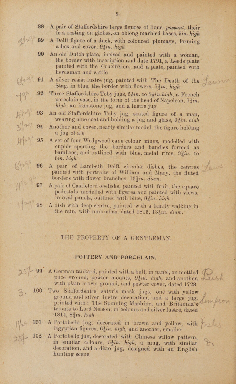 88 90 92 phy 98  ee Hi” 95 96 97 8 / feet resting on globes, on oblong marbled bases, 9in. high A Delft figure of a duck, with coloured plumage, forming -a box and cover, 94in. high painted with the Crucifixion, and a plate, painted with herdsman and cattle )  Stag, in blue, the border with flowers, T4in. high Three Staffordshire Toby jugs, 54in. to 8hin.high, a French porcelain vase, in the form of the head of Napoleon, 7tin. high, an ironstone jug, and a lustre jug An old Staffordshire Toby jug, seated figure of a man, wearing blue coat and holding a jug and glass, 93in. high Another and cover, nearly similar model, the figure holding ajugofale — / 7 cupids sporting, the borders and handles formed as bamboos, and outlined with blue, metal rims, 82in. to 6in. high | borders with flower branches, 18hin. diam. A pair of Castleford obelisks, painted with fruit, the square pedestals modelled with figures and painted with views, in oval panels, outlined with blue, 8Hin. high | the rain, with umbrellas, dated 1815, 134%n. diam. THE PROPERTY OF A GENTLEMAN. POTTERY AND PORCELAIN. _ he 4% fg il fae NT ae, with plain brown ground, and pewter cover, dated 1728 Two Staffordshire satyr's mask jugs, one with yellow tribute to Lord Nelson, in colours and silver lustre, dated ‘1814, 82in. high Kgyptian figures, 64i%n. high, and another, smaller in similar colours, 54in. high, a mug, with similar decoration, and a ditto hunting scene