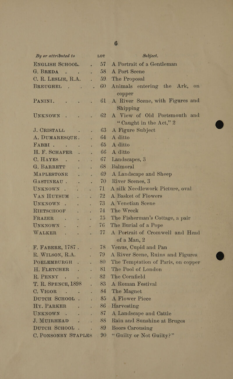 ENGLISH SCHOOL. G. BREDA F C. R. LESLIE, R.A. BREUGHEL PANINI. UNKNOWN J. CRISTALL A. DUMARESQUE. FABBI . H. F. SCHAFER C. HAYES G. BARRETT MAPLESTONE GASTINEAU . UNKNOWN VAN HUYSUM UNKNOWN RIETSCHOOF FRAZER UNKNOWN WALKER F. FABERE, 1787. R. WILSON, R.A. POELEMBURGH H. FLETCHER R. PENNY T. R. SPENCE, 1898 C. VIGOR DUTCH SCHOOL . Hy. PARKER UNKNOWN J. MUIRHEAD DUTCH SCHOOL . C. PONSONBY STAPLES 68 A Portrait of a Gentleman A Port Scene The Proposal Animals entering the Ark, on copper | A River Scene, with Figures and Shipping A View of Old Portsmouth and “Caught in the Act,” 2 A Figure Subject A ditto A ditto A ditto Landscapes, 3 Balmoral A Landscape and Sheep River Scenes, 3 A silk Needlework Picture, oval A Basket of Flowers A Venetian Scene The Wreck The Fisherman’s Cottage, a pair The Burial of a Pope A Portrait of Cromwell and Head of a Man, 2 Venus, Cupid and Pan A River Scene, Ruins and Figures The Temptation of Paris, on copper The Pool of London The Cornfield A Roman Festival The Magnet A Flower Piece Harvesting A Landscape and Cattle Rain and Sunshine at Bruges Boors Carousing “Guilty or Not Guilty?” &amp;