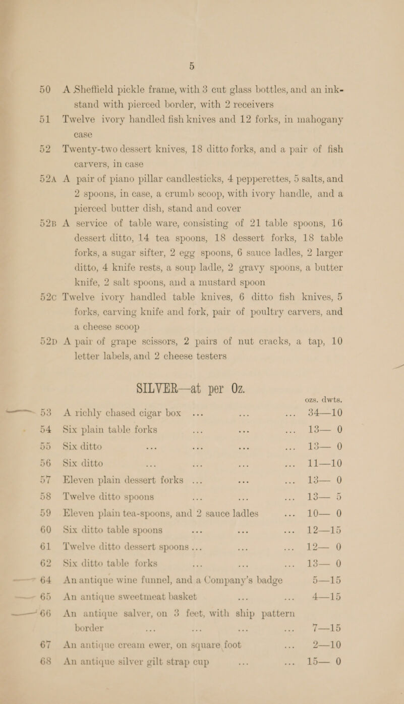 50 51 52 5 stand with pierced border, with 2 receivers case carvers, in case pierced butter dish, stand and cover est bo ea — 64 knife, 2 salt spoons, and a mustard spoon a cheese scoop letter labels, and 2 cheese testers SILVER—at per Oz. A richly chased cigar box Six plain table forks Six ditto Six ditto Eleven plain dessert forks Twelve ditto spoons Eleven plain tea-spoons, and 2 sauce ladles Six ditto table spoons Twelve ditto dessert spoons ... Six ditto table forks An antique wine funnel, and a Company’s badge An antique sweetmeat basket An antique salver, on 95 feet, with ship pattern border An antique cream ewer, on square foot An antique silver gilt strap cup ozs. dwts. 34—10 13— 0 15— 0 11—10 135— 0 13— 5 10— 0 12—15 12— 0 13— 0 5—15 4—15 7—15 2—10 15— 0