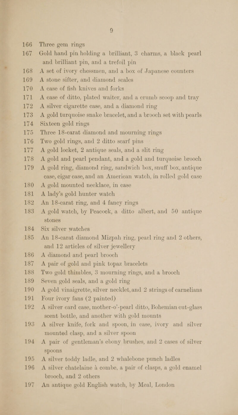  Three gem rings Gold hand pin holding a brilliant, 3 charms, a black pearl and brilliant pin, and a trefoil pin A set of ivory chessmen, and a box of Japanese counters A stone sifter, and diamond scales A case of fish knives and forks A case of ditto, plated waiter, and a crumb scoop and tray A silver cigarette case, and a diamond ring A gold turquoise snake bracelet, and a brooch set with pearls Sixteen gold rings Three 18-carat diamond and mourning rings Two gold rings, and 2 ditto scarf pins A gold locket, 2 antique seals, and a slit ring A gold and pearl pendant, and a gold and turquoise brooch A gold ring, diamond ring, sandwich box, snuff box, antique case, cigar case, and an American watch, in rolled gold case A gold mounted necklace, in case A lady’s gold hunter watch An 18-carat ring, and 4 fancy rings A gold watch, by Peacock, a ditto albert, and 50 antique stones Six silver watches An 18-carat diamond Mizpah ring, pearl ring and 2 others, and 12 articles of silver jewellery A diamond and pearl brooch A pair of gold and pink topaz bracelets Two gold thimbles, 3 mourning rings, and a brooch Seven gold seals, and a gold ring A gold vinaigrette, silver necklet,and 2 strings of carnelians Four ivory fans (2 painted) A silver card case, mother-o’-pearl ditto, Bohemian cut-glass scent bottle, and another with gold mounts A silver knife, fork and spoon, in case, ivory and _ silver mounted clasp, and a silver spoon A pair of gentleman’s ebony brushes, and 2 cases of silver spoons A silver toddy ladle, and 2 whalebone punch ladles A silver chatelaine &amp; combe, a pair of clasps, a gold enamel brooch, and 2 others An antique gold English watch, by Meal, London