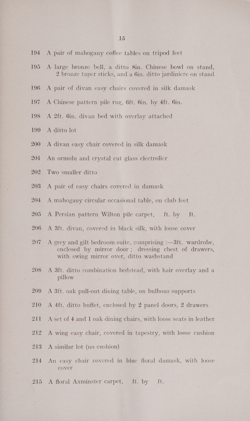 A pair of mahogany coffee tables on tripod feet A large bronze bell, a ditto 8in. Chinese bowl on stand, 2 bronze taper sticks, and a 6in. ditto jardiniere on stand A pair of divan easy chairs covered in silk damask A Chinese pattern pile rug, 6ft. 6in. by 4ft. 6in. A 2ft. 6in. divan bed with overlay attached A ditto lot A divan easy chair covered in silk damask An ormolu and crystal cut glass electrolier Two smaller ditto A pair of easy chairs covered in damask A mahogany circular occasional table, on club feet A-Persian pattern: Wilton pile carpet, - ft. by ft. A 3ft. divan, covered in black silk, with loose cover A grey and gilt bedroom suite, comprising :—38f{t. wardrobe, enclosed by mirror door; dressing chest of drawers, with swing mirror over, ditto washstand A 3ft. ditto combination bedstead, with hair overlay and a pulow A 3ft. oak pull-out dining table, on bulbous supports A 4ft. ditto buffet, enclosed by 2 panel doors, 2 drawers A set of 4 and 1 oak dining chairs, with loose seats in leather A wing easy chair, covered in tapestry, with loose cushion A similar lot (no cushion) An easy chair covered in blue floral damask, with loose cover A foral Axminster carper san by — ft,