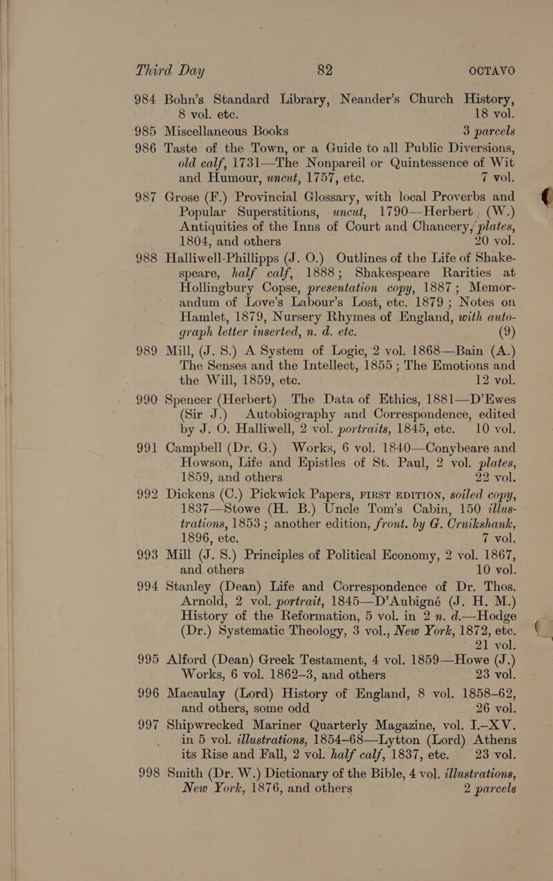 984 985 986 987 988 teh) 2D 994 995 996 997 998 Bohn’s Standard Library, Neander’s Church History, 8 vol. ete. 18 vol. Miscellaneous Books 3 parcels Taste of the Town, or a Guide to all Public Diversions, old calf, 1731—The Nonpareil or Quintessence of Wit and Humour, wneut, 1757, etc. 7 vol. Grose (F.) Provincial Glossary, with local Proverbs and Popular Superstitions, -wncut, 1790—Herbert , (W.) Antiquities of the Inns of Court and Chancery, plates, 1804, and others 20 vol. Halliwell-Phillipps (J. O.) Outlines of the Life of Shake- speare, half calf, 1888; Shakespeare Rarities at Hollingbury Copse, presentation copy, 1887; Memor- andum of Love’s Labour’s Lost, etc. 1879 ; Notes on Hamlet, 1879, Nursery Rhymes of England, with auto- graph letter inserted, n. d. ete. (9) Mill, (J. 8.) A System of Logic, 2 vol. 1868—Bain (A.) The Senses and the Intellect, 1855 ; The Emotions and the Will, 1859, ete. 12 vol. Spencer (Herbert) The Data of Ethics, 1881—D’Ewes (Sir J.) Autobiography and Correspondence, edited by J. O. Halliwell, 2 vol. portraits, 1845, etc. 10 vol. Campbell (Dr. G.) Works, 6 vol. 1840—Conybeare and Howson, Life and Epistles of St. Paul, 2 vol. plates, 1859, and others 22 vol. Dickens (C.) Pickwick Papers, FIRST EDITION, soiled copy, 1837—Stowe (H. B.) Uncle Tom’s Cabin, 150 illus- trations, 1853; another edition, front. by G. Cruikshank, 1896, ete. 7 vol. Mill (J. 8S.) Principles of Political Economy, 2 vol. 1867, and others 10 vol. Stanley (Dean) Life and Correspondence of Dr. Thos. Arnold, 2 vol. portrait, 1845—D’Aubigné (J. H. M.) History of the Reformation, 5 vol. in 2 n. d.—Hodge (Dr.) Systematic Theology, 3 vol., New York, 1872, etc. 1 vol. Alford (Dean) Greek Testament, 4 vol. 1859—Howe (J.) Works, 6 vol. 1862-3, and others 23 vol. Macaulay (Lord) History of England, 8 vol. 1858-62, and others, some odd 26 vol. Shipwrecked Mariner Quarterly Magazine, vol. 1—XV. in 5 vol. illustrations, 1854—68—Lytton (Lord) Athens its Rise and Fall, 2 vol. half calf, 1837, etc. 23 vol. Smith (Dr. W.) Dictionary of the Bible, 4 vol, illustrations,