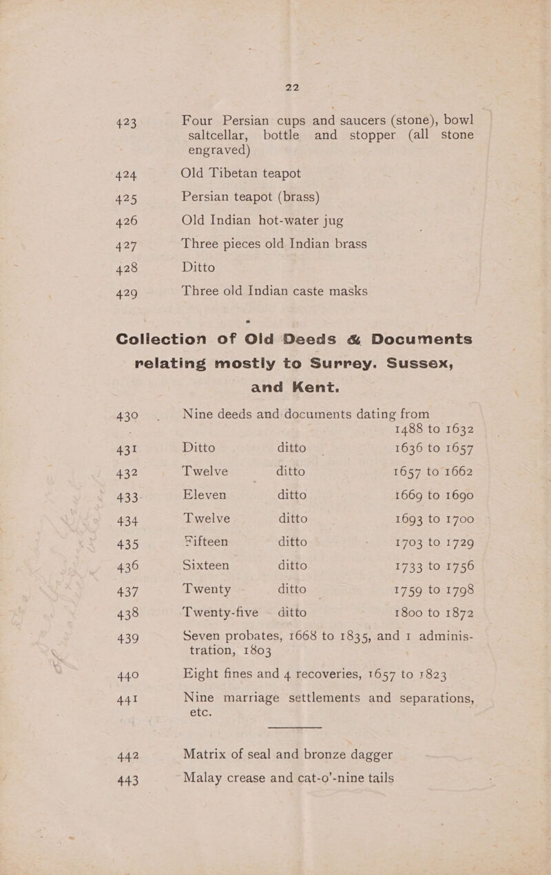 423 i 475 426 427 428 20 22 Four Persian cups and saucers (stone), bowl saltcellar, bottle and stopper (all stone engraved) Old Tibetan teapot Persian teapot (brass) Old Indian hot-water jug Three pieces old Indian brass Ditto Three old Indian caste masks 430 431 432 434 435 436 437 438 439 440 441 442 and Kent. Nine deeds and documents dating from 1488 to 1632 Ditto drigo=a: 1636 to 1657 Twelve ditto 1657 to 1662 Eleven | ditto 1669 to 1690 Twelve Cdigom, 1693 to 1700 Sifteen ditto 1703 to 1729 ‘Sixteen ditto 1733 to 1756 Twenty ditto 1759 to 1798 Twenty-five ~ ditto 1800 to 1872 Seven probates, 1668 to 1835, and 1 adminis- tration, 1803 Eight fines and 4 recoveries, 1657 to 1823 Nine marriage settlements and separations, BiG. Matrix of seal and bronze dagger Malay crease and cat-o’-nine tails
