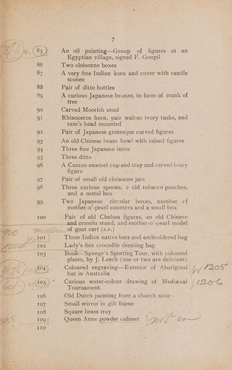 f [ee ' \ a 86 87 88 89 go g2 93 94 95 96 97 98 99 IOO 103 106 108 TIO 7 An oil painting—Group of figures at an Egyptian village, signed F. Goupil A very fine Indian koro and cover with candle scones Pair of ditto bottles A curious Japanese bronze, in form of trunk of tree Carved Moorish stool Rhinoceros horn, pair walrus ivory tusks, and ram’s head mounted Pair of Japanese grotesque carved figures An old Chinese brass bow! with raised figures Three fine Japanese inros Three ditto A Canton enamel cup and tray and carved ivory figure Pair of small old cloisonne jars Three curious spoons, 2 old tobacco pouches, and a metal box Two Japanese circular boxes, number. cf mother-o’-pearl counters anda sniall box Pair of old Chelsea figures, an old Chinese and_ormolu stand, and mother-o’-pearl model of goat cart (A.F.) Three Indian native hats and embroidered bag Lady’s fine crocodile dressing bag plates, by J. Leech (one or two are deficient) hut in Australia Curious water-colour drawing of Medieval ‘Tournament. Old Dutch painting from.a church altar - Small mirror in gilt frame Square brass tray Queen Anne powder cabinet