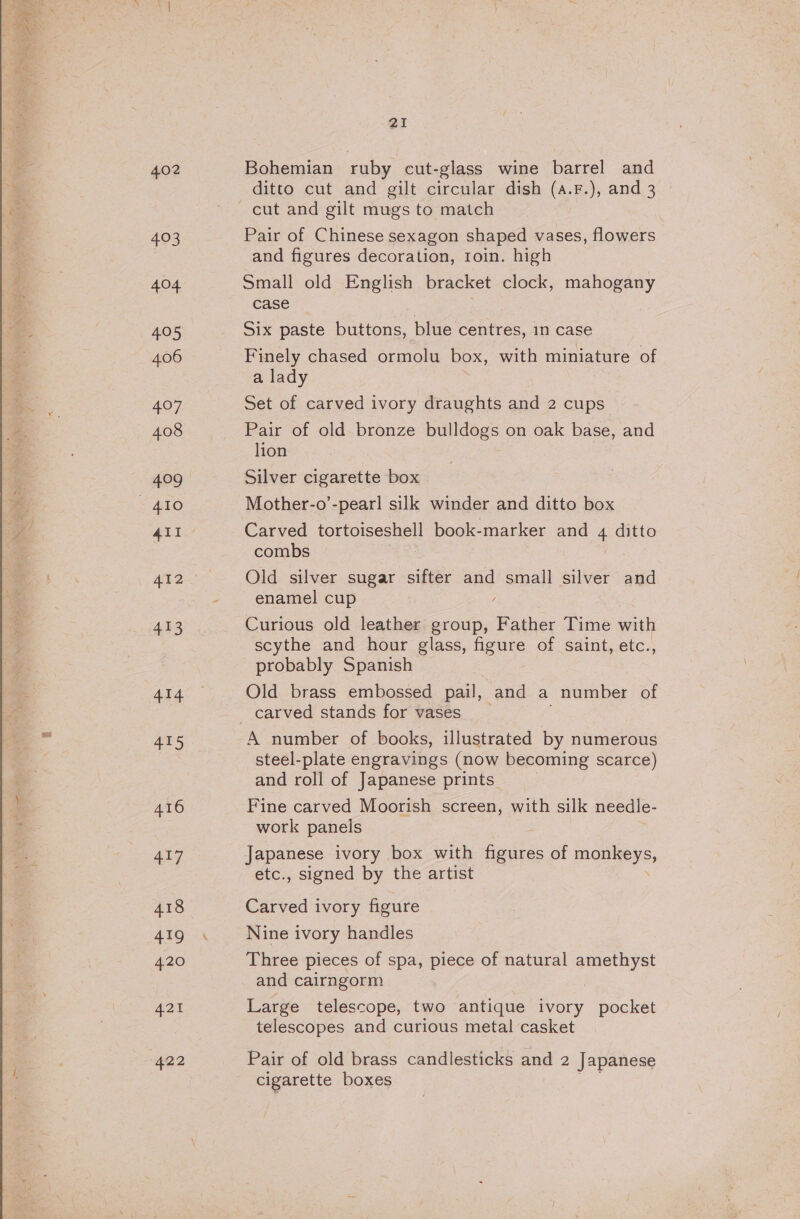 402 403 404 495 406 ap 408 409 413 414 415 416 7 418 419 420 21 Bohemian ruby cut-glass wine barrel and ditto cut and gilt circular dish (a.F.), and 3 © Pair of Chinese sexagon shaped vases, flowers and figures decoration, r1oin. high Small old English bracket clock, mahogany case Six paste buttons, blue centres, in case Finely chased ormolu box, with miniature of a lady Set of carved ivory draughts and 2 cups Pair of old bronze bulldogs on oak base, and lion Silver cigarette box Mother-o’-pearl silk winder and ditto box Carved tortoiseshell book-marker and 4 ditto combs Old silver sugar sifter and small silver and enamel cup / Curious old leather group, Father Time wit scythe and hour glass, figure of saint, etc., probably Spanish Old brass embossed pail, and a number of A number of books, illustrated by numerous steel-plate engravings (now becoming scarce) and roll of Japanese prints Fine carved Moorish screen, with silk needle- work panels Japanese ivory box with pains of UNE YS: etc., signed by the artist Carved ivory figure Nine ivory handles Three pieces of spa, piece of natural amethyst and cairngorm Large telescope, two antique ivory pocket telescopes and curious metal casket Pair of old brass candlesticks and 2 Japanese cigarette boxes