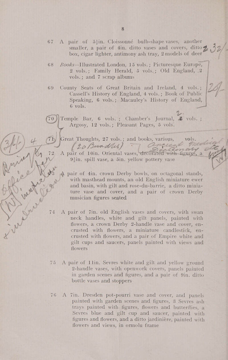 67 A pair of 54in. Cloissonné bulb-shape vases, another smaller, a pair of 4in. ditto vases and covers, ditto 2/. box, cigar lighter, antimony ash tray, 2 models of deer / al 68 Loo0ks—Illustrated London, 15 vols.; Picturesque Europe, vols,; Family Herald; &gt;&gt; \vols.; -Old Mneigndy 2 vols.; and 7 scrap albums   69 County Seats: of Great Britain and Ireland, 4 vols.; Cassell’s History of England, 4 vols.; Book of Public Speaking, 6 vols.; Macauley’s Hisar of England, 6 vols. L. (70) Temple Bar, 6 vols. ; Chamber’s Journal, &amp;# vols. ; ! Argosy, 12 vols.; Pleasant Pages, 5 vols.   Great Thoughts, 27 vols. ; and ook EOL vols. {4 4 : 7 i} = APOE LEA, ee PHA Et [ 20 [Bend ie : cot tert £4 ety A K 72, A pair of 10in. Oriental vases, (ee Beece figures, a. a 93in. spill vase, a 5in. yellow pottery vase v NY, ot A pair of 4in. crown Derby bowls, on octagonal stands, 7, with masthead mounts, an old English miniature ewer ft af and basin, with gilt and rose-du-barrie, a ditto minia- ture vase and cover, and a pair of crown Derby musician figures seated    \ wy ee 74 &lt;A pair of 7in. old English vases and covers, with swan f &gt; i ° : . . » a/ neck handles, white and gilt panels, painted with ~ Vid flowers, a crown Derby 2-handle vase and cover, en- v VJ crusted with flowers, a miniature candlestick, en- crusted with flowers, and a pair of Empire white and gilt cups and saucers, panels painted with views and flowers = 7 ir 6 A pair of 1lin. Sevres white and gilt and yellow ground : 2-handle vases, with openwork covers, panels painted in garden scenes and figures, and a pair of Qin. ditto bottle vases and stoppers 76 A Vin. Dresden pot-pourri vase and cover, and panels painted with garden scenes and figures, 3 Sevres ash trays painted with figures, flowers and butterflies, a Sevres blue and gilt cup and saucer, painted with figures and flowers, and a ditto jardiniére, painted with flowers and views, in ormolu frame